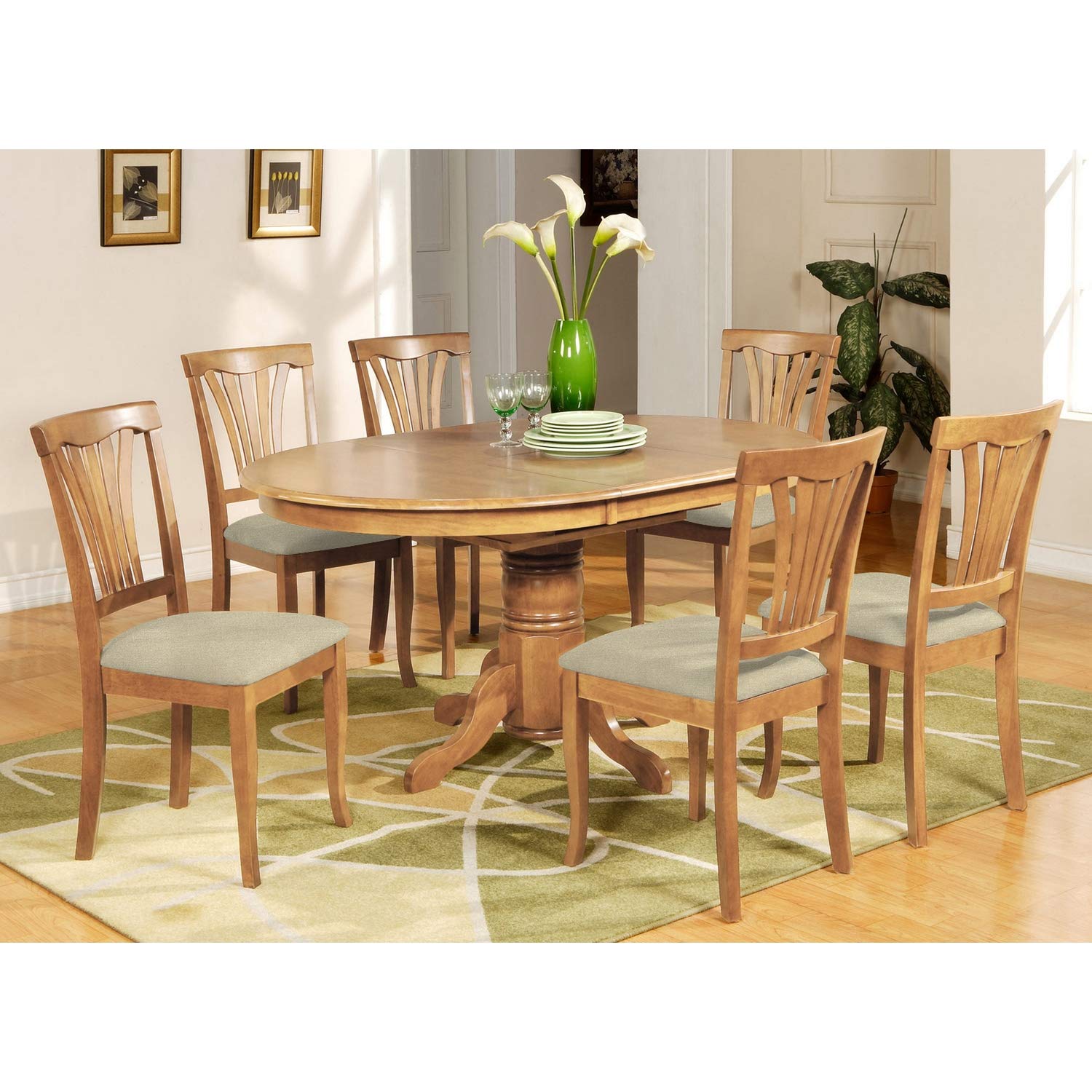 East West Furniture AVON7-OAK-C 7 Piece Oak Dining Room Set with Oval Extendable Table & 6 Chairs - Perfect for Family Dinners & Entertaining Guests