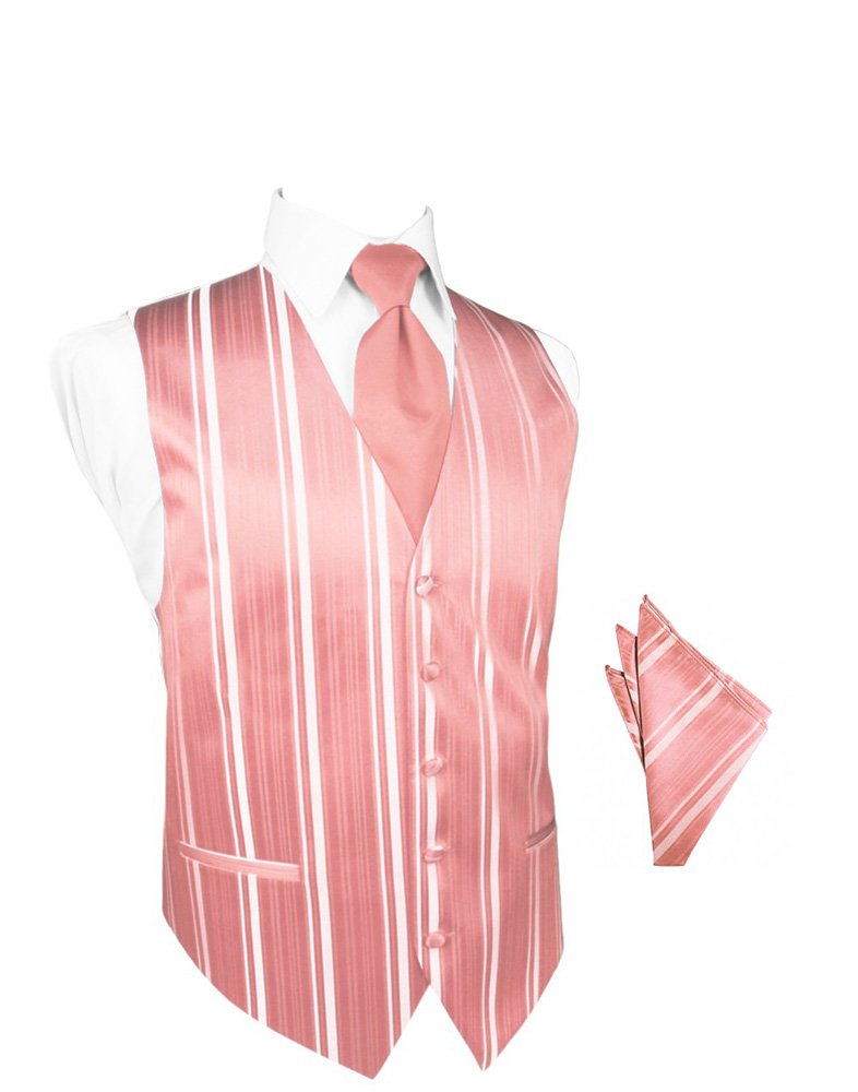 Coral Reef Striped Satin Tuxedo Vest with Long Tie & Pocket Square Set | Elegant Formal Wear for Weddings, Prom & Black Tie Events