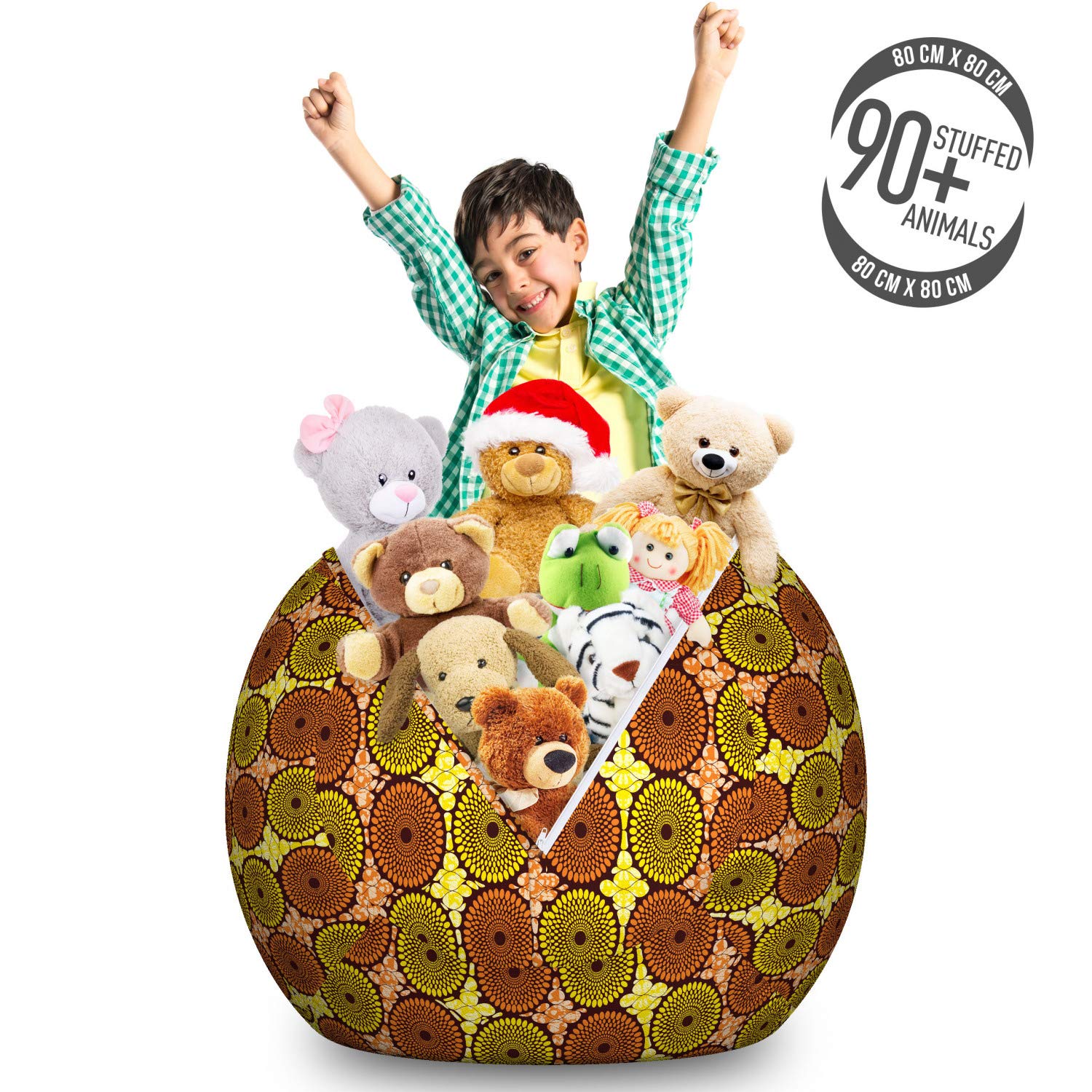 Ambesonne Abstract Toy Storage Bag Chair - Large Washable Stuffed Animal Organizer with Intricate Round Ornamental Pattern in Yellow & Dark Orange | Perfect for Kids' Room, Playroom & Nursery Organization