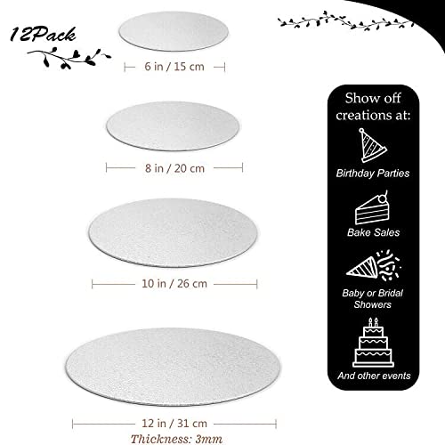 Premium 8-Pack Silver Cake Boards - 6, 8, 10, 12 Inch Round Cake Circles (2 Each Size) for Baking, Wedding & Birthday Cakes, Desserts, Pizza Decorating - Sturdy Cardboard Cake Base for Professional Baking, Party Display & Food Exhibition
