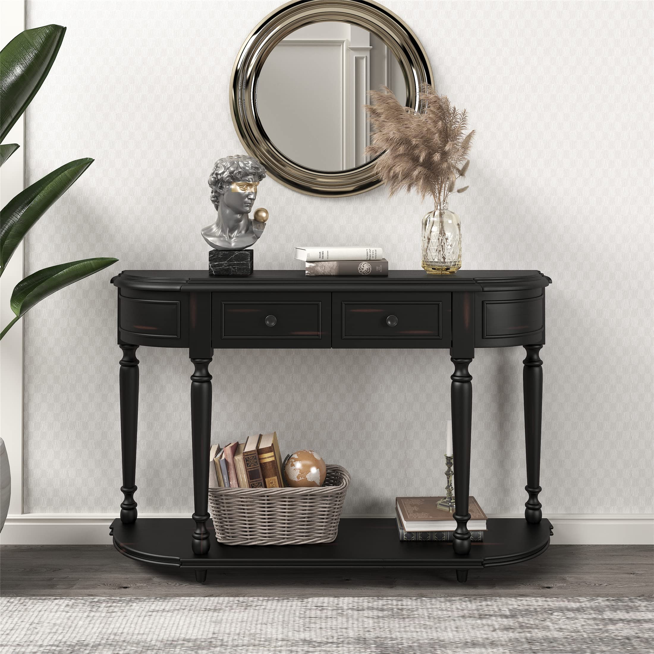 Vintage Wooden Console Table with Drawers & Open Shelf - Mid-Century Modern Sofa Table, Entryway Accent Table for Hallway, Living Room - Black (Perfect for Small Spaces & Home Decor)