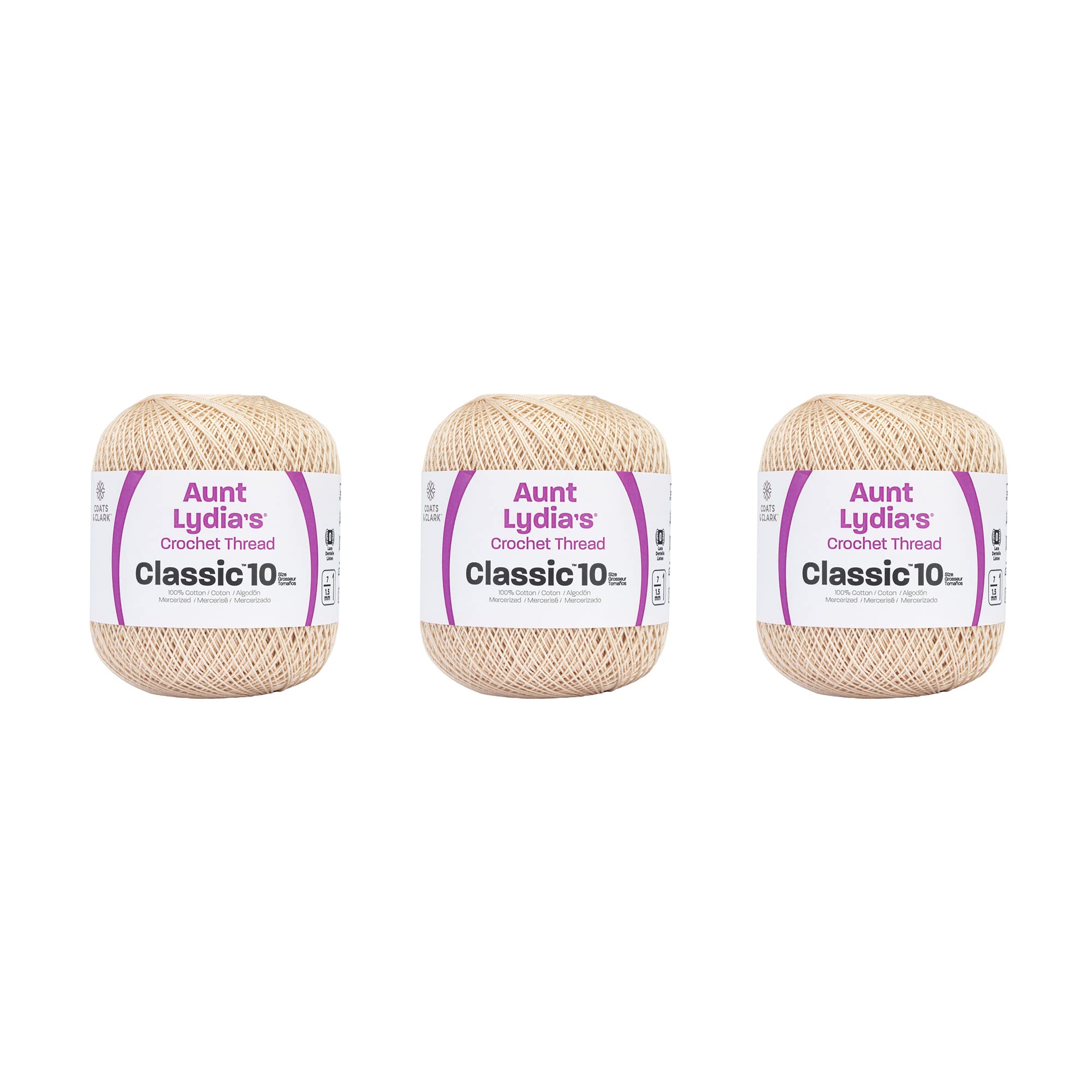 Aunt Lydia Classic Crochet Thread - 3 Pack (350 Yards/320 Meters Each) - Natural Cotton Yarn for Crocheting, Knitting, and DIY Crafts - Perfect for Doilies, Table Runners, and Home Decor Projects