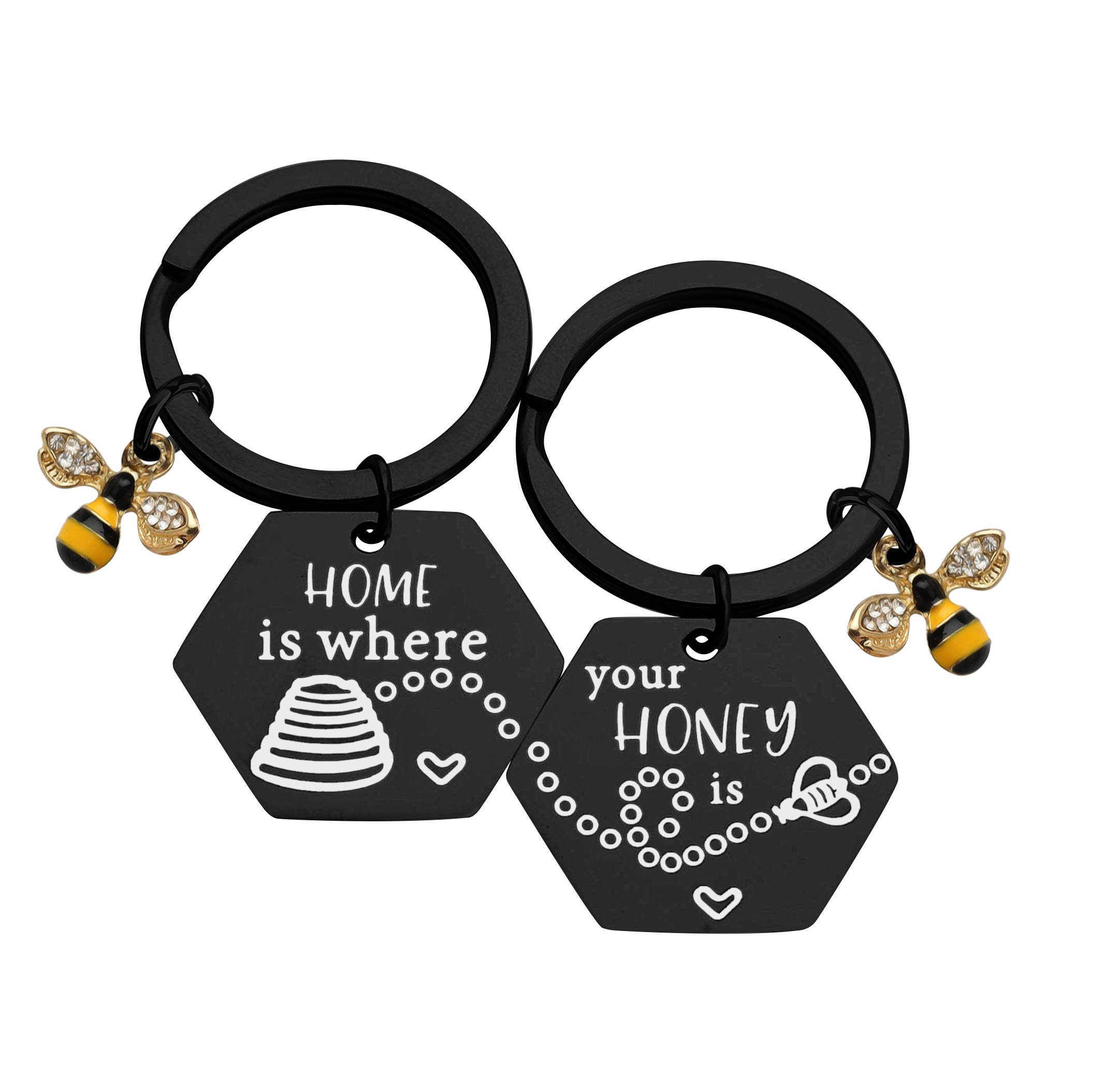 MAOFAED Matching Couples Keychains - Honey Beehive Design, 'Home is Where Your Honey Is' - Perfect Housewarming Gift for Couples, Wedding, Anniversary, or Valentine's Day
