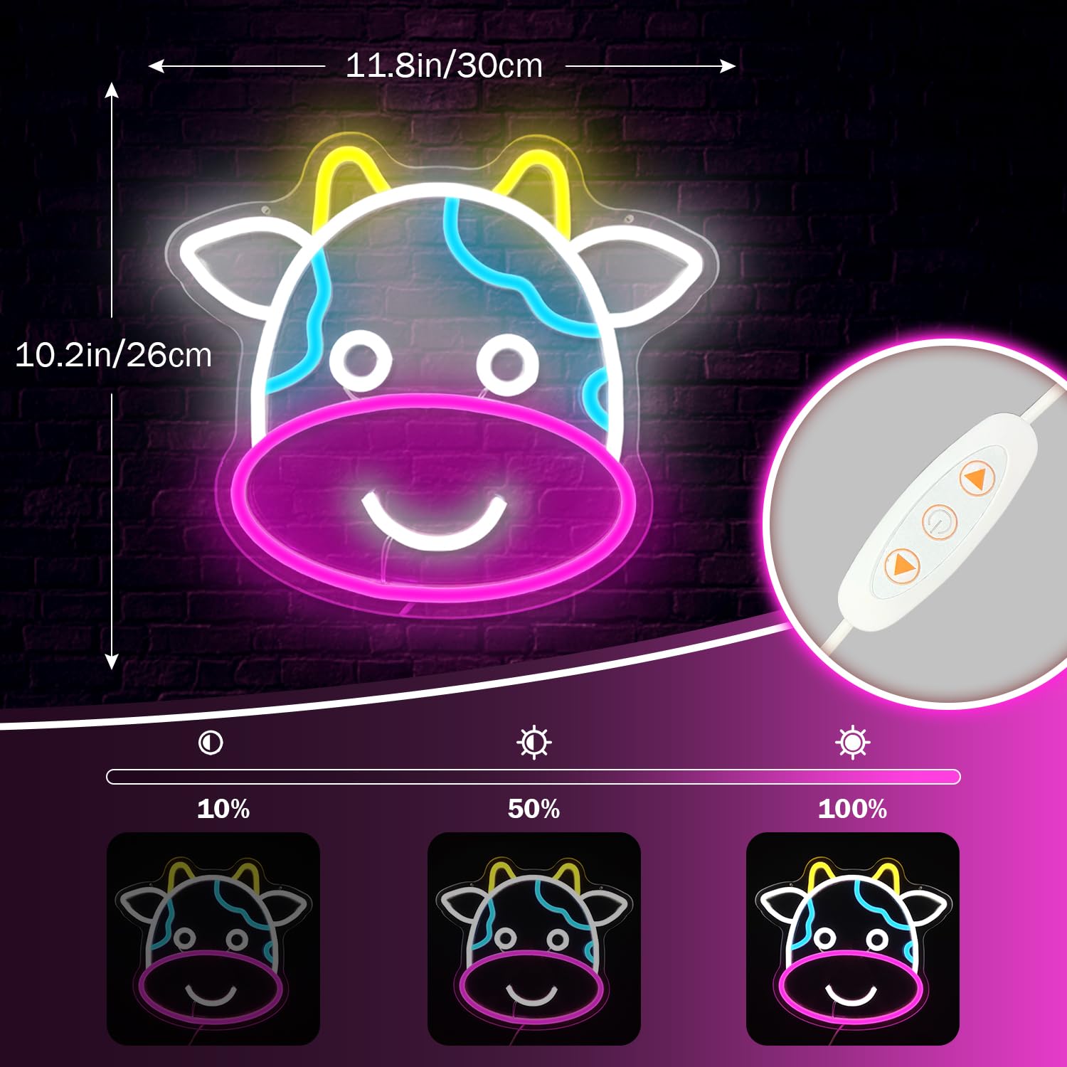 Cute Cow Neon LED Sign - Dimmable Wall Decor for Kids Room & Bedroom - USB Powered Animal Night Light Gift for Boys & Girls - Perfect for Birthday Parties, Nursery Decor, and Themed Room Lighting