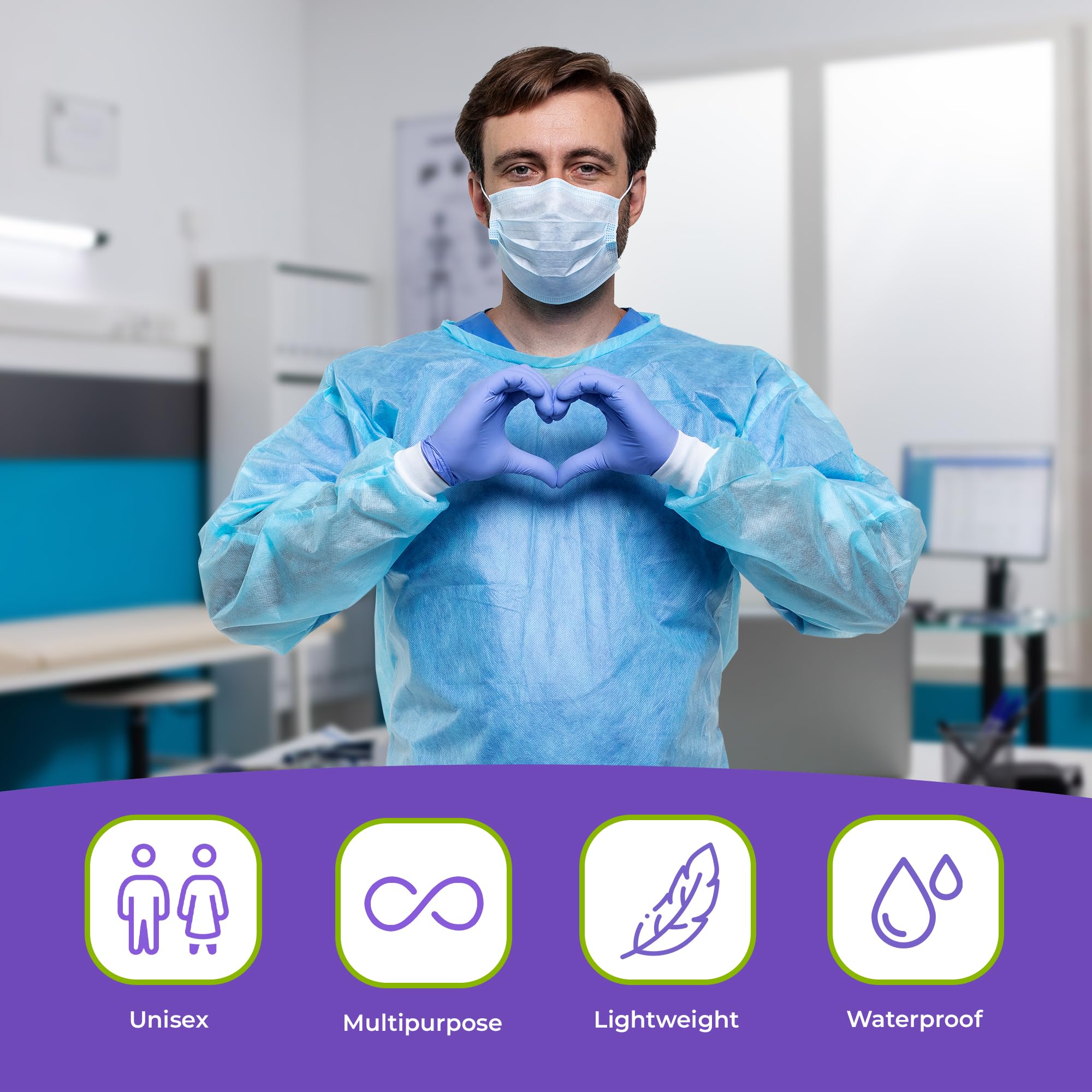 AMZ Medical Supply Disposable Isolation Gown - Large Size (10 Pack) | Blue 45 GSM SMS Material | Fluid Resistant & Breathable PPE with Knit Wrists & Long Back Ties | Ideal for Hospitals, Clinics & Home Healthcare Protection