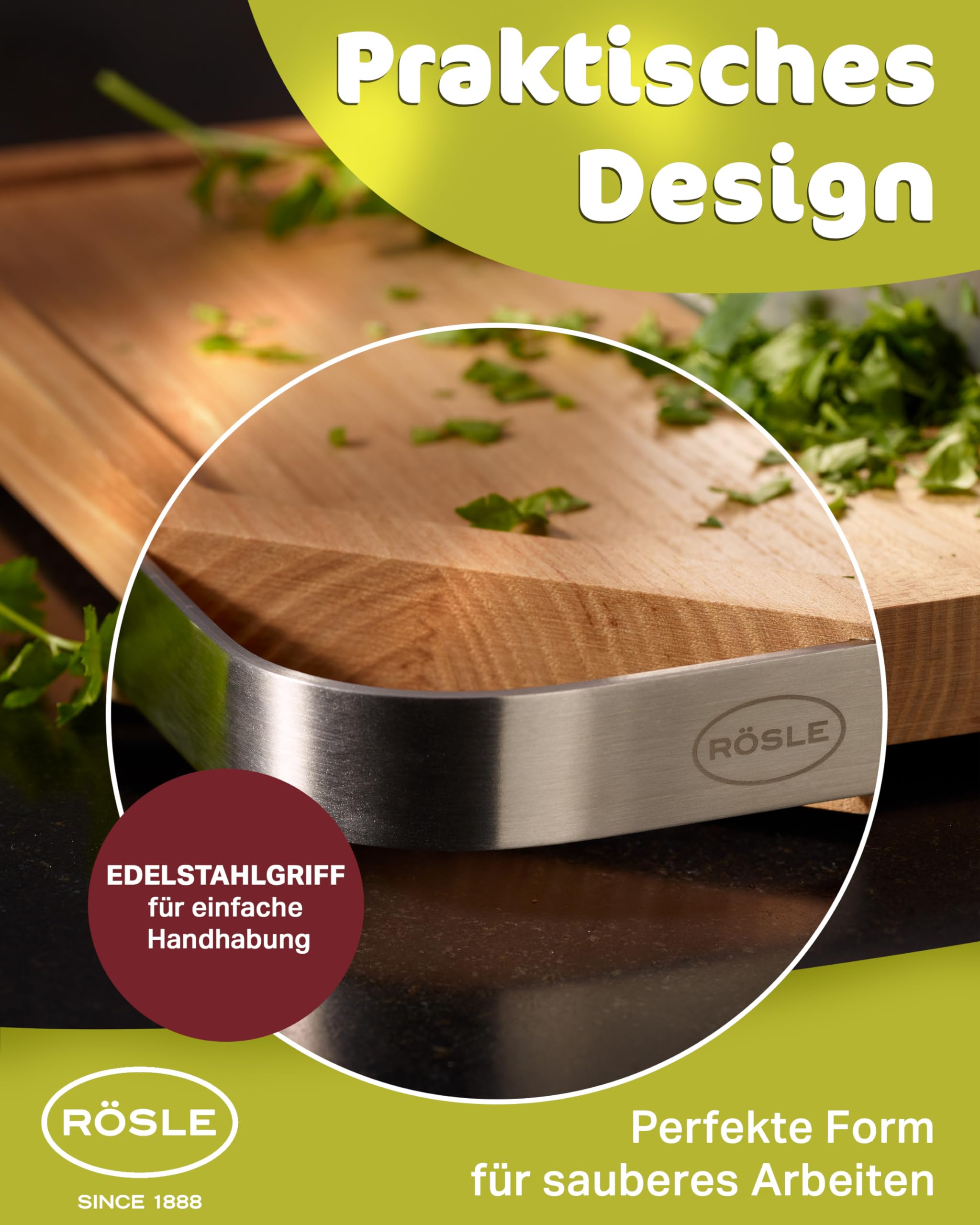 Premium Rosle 15033 Natural Wood Cutting Board with Stainless Steel Handle - 48 x 32 x 3 cm - Perfect for Kitchen Prep, Meat Cutting & Serving Charcuterie