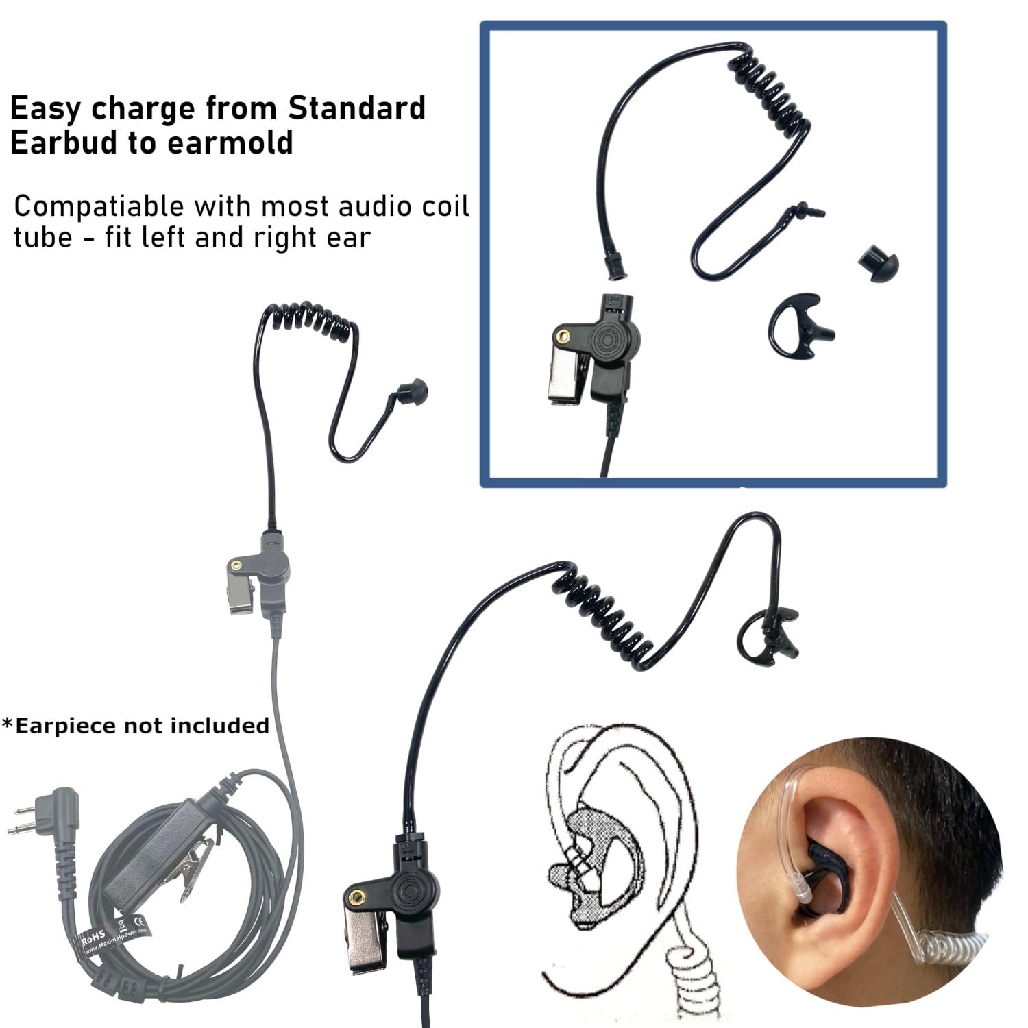 MaximalPower™ Security Black Acoustic Tube Coil Headset with Medium Earmolds - Compatible with Motorola, Kenwood, Icom, Vertex & Hytera Two-Way Radios - Ideal for Security, Construction & Emergency Communication