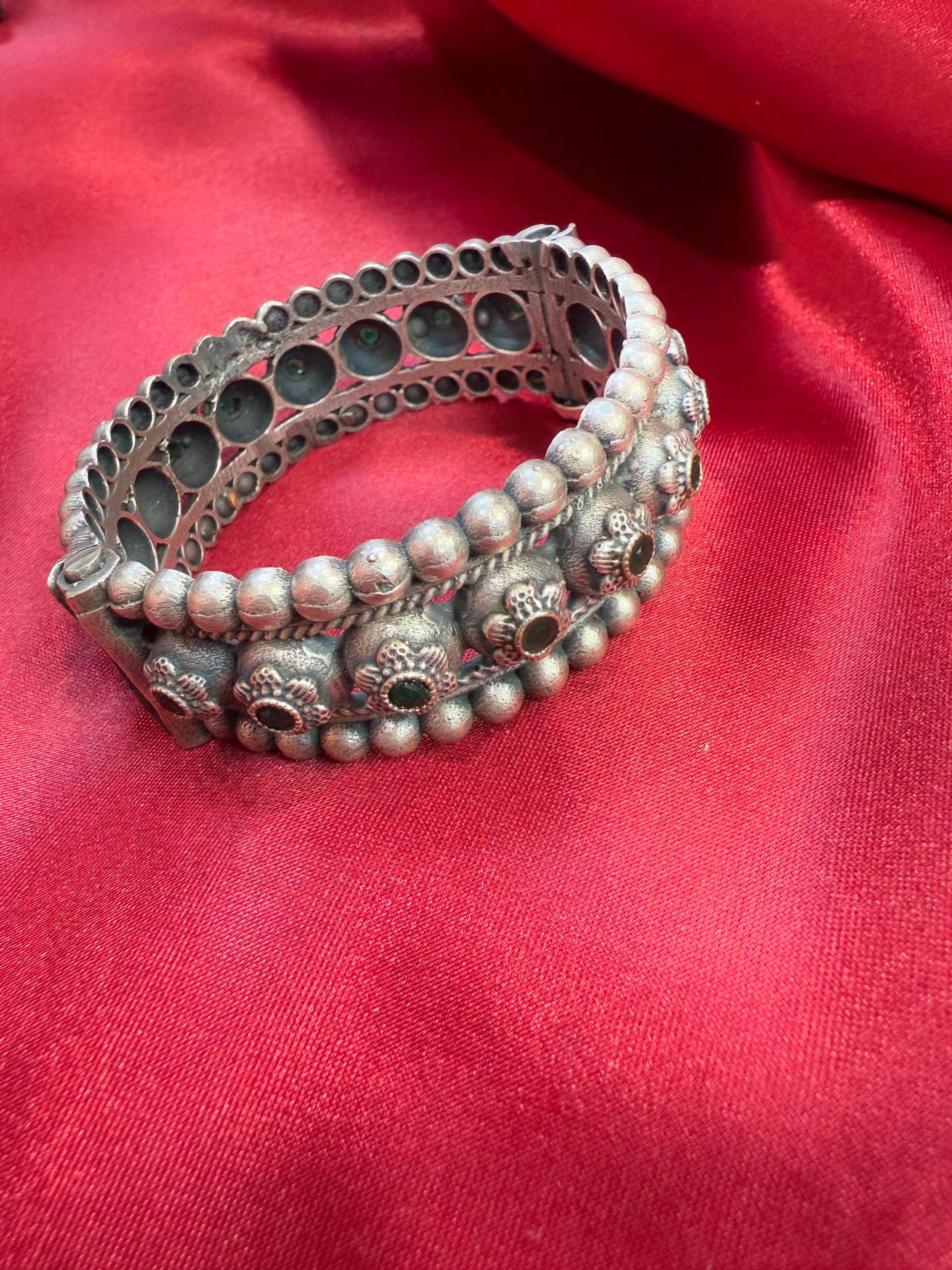 Exquisite Tribal Oxidized Silver Ethnic Open Bridal Kada Cuff Bracelet with Green Stone - Perfect for Boho Weddings, Festival Fashion & Cultural Jewelry Collections