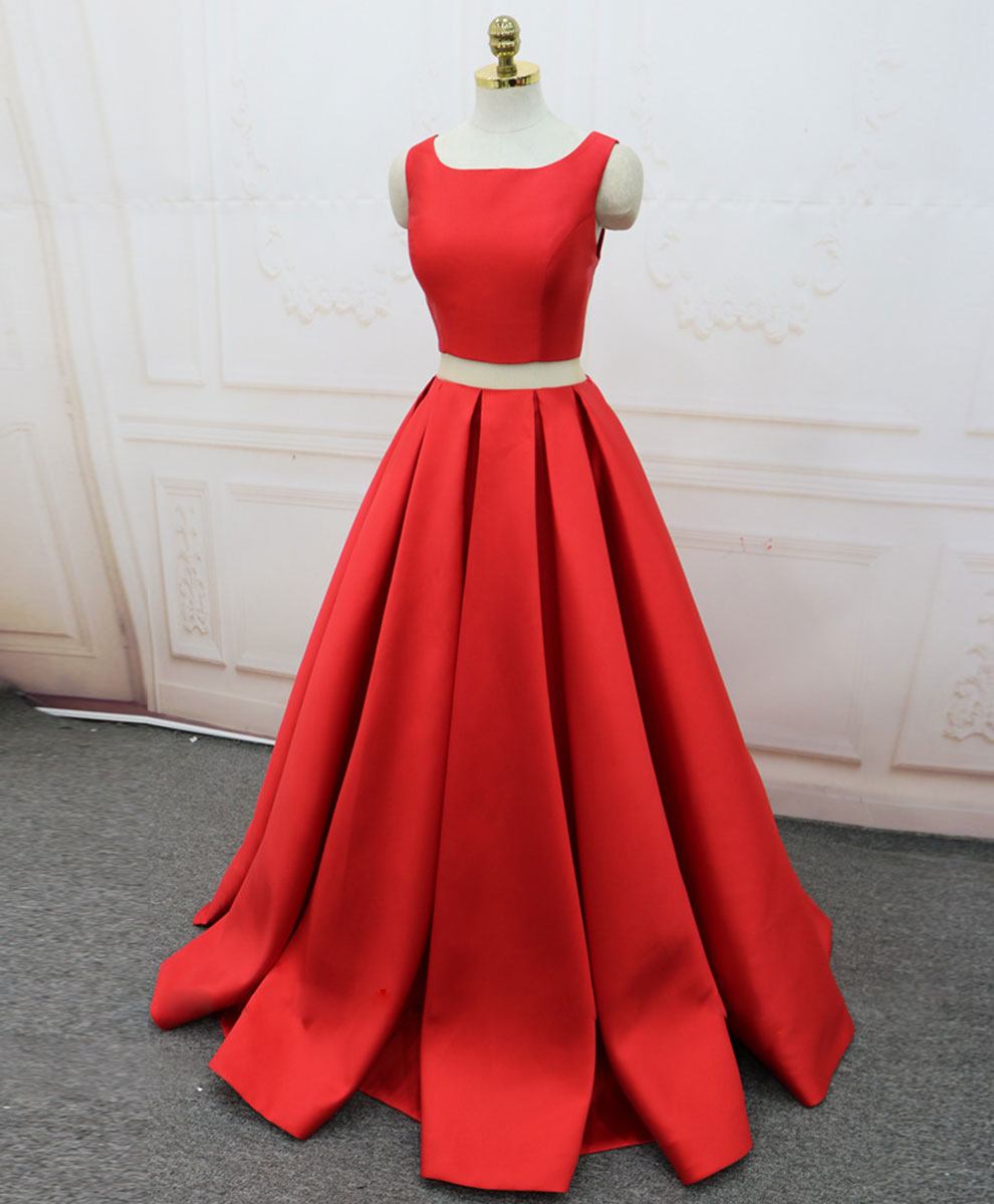 Elegant Red Satin Two-Piece Long Prom Dress for Women - Formal Evening Gown for Homecoming, Ball & Special Occasions