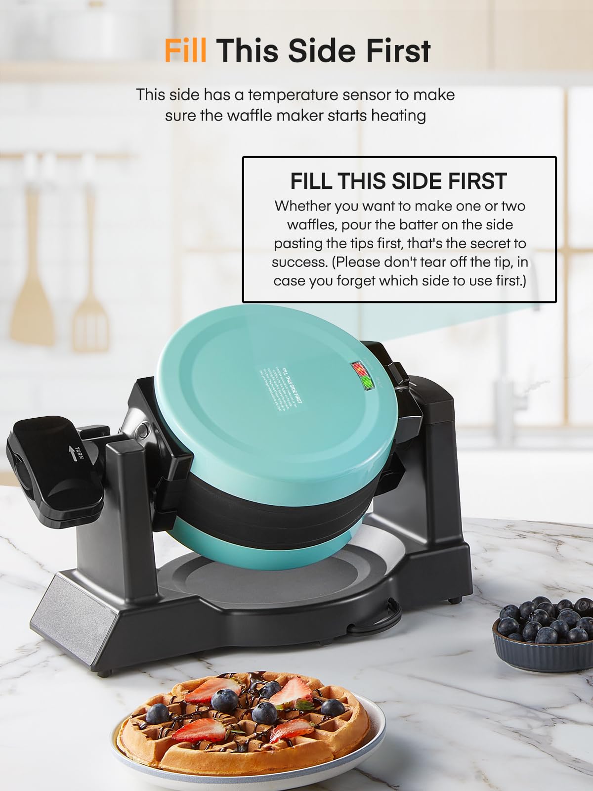 **1400W Double Belgian Waffle Maker – 180° Flip, Nonstick & Rotating Plates, Makes 8 Slices in 3 Mins – Anti-Scald, Cool Touch Handle, Removable Drip Tray – Easy to Clean & Space-Saving (Mint Blue) – Perfect for Breakfast, Brunch & Family Gatherings**