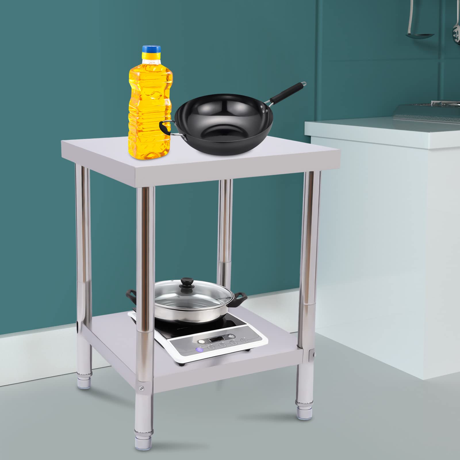 2-Tier Stainless Steel Prep Table with Adjustable Feet - 60x45x80cm (24x18x31in) Commercial Kitchen Work Table for Food Preparation, Home & Hotel Use - Perfect for Restaurants, Catering & Small Kitchens