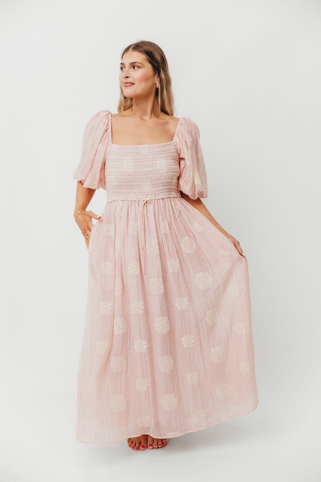 Aimee Women's Smocked Embroidered Floral Midi Dress in Blush Pink - Perfect for Summer Weddings, Garden Parties & Date Nights