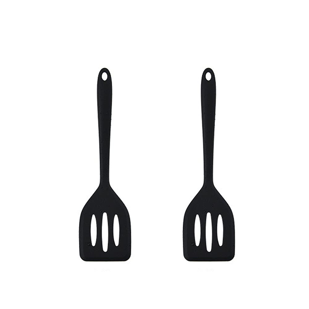 HOIRIX 2-Pack Small Silicone Turner - High Heat Resistant Slotted Spatula for Cooking Fish, Eggs, Pancakes - 8.2 Inch Kitchen Utensil Set (Black) - Perfect for Non-Stick Pans, Grilling & Breakfast Prep