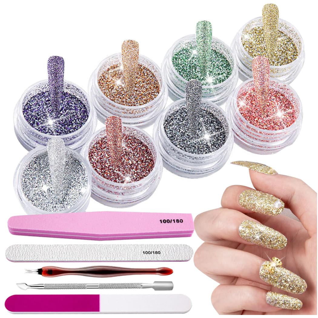 8 Colors Sparkling Crystal Diamond Nail Powder Set with 5-Piece Nail Art Tools - Stainless Steel Dual End Pusher, Nail File Buffer & Glitter Pigment Powder for Professional Manicure & Pedicure | DIY Nail Design, Salon Quality, Home & Professional Use