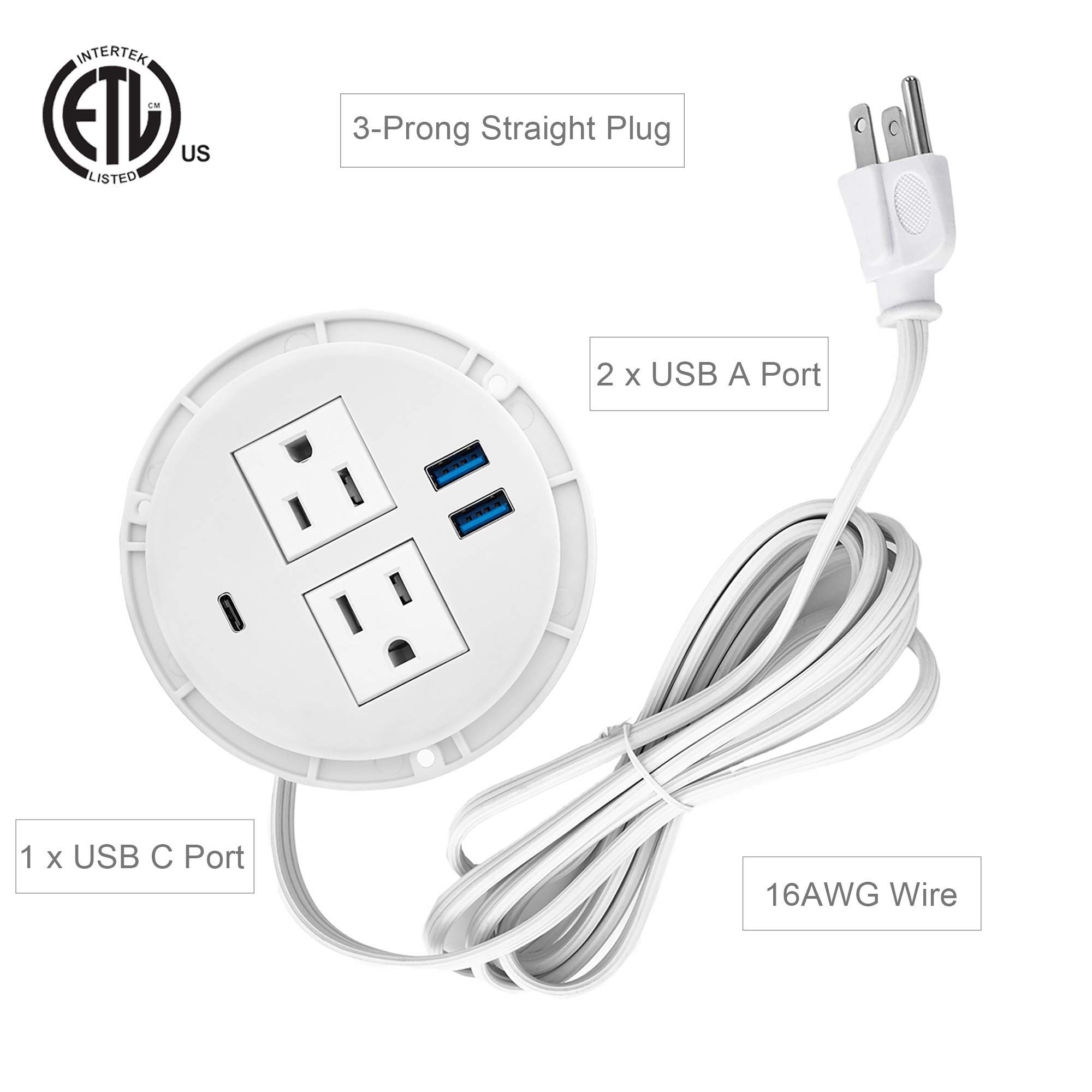 Kungfuking 20W USB C Power Grommet - 2 AC Outlets & 3 USB Ports for Office Desk