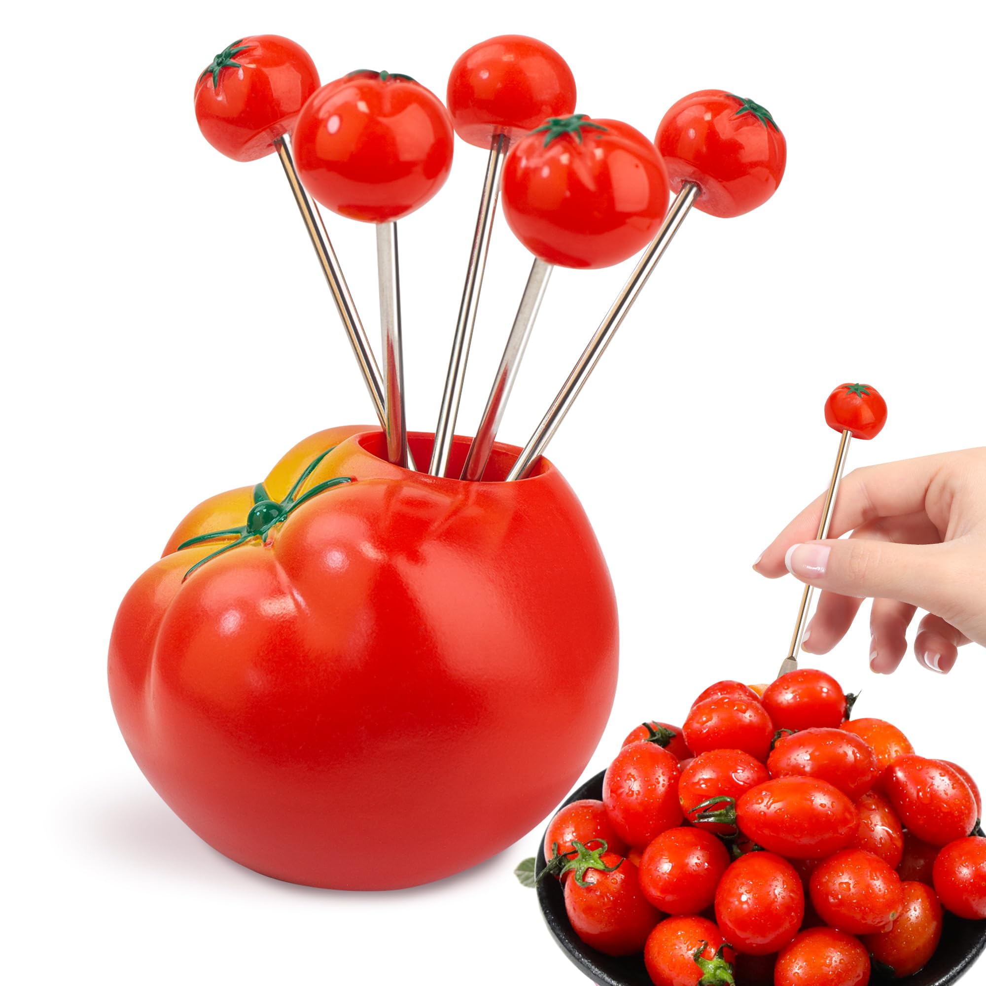 5-Piece Stainless Steel Tomato Fruit Forks Set with 1 Tomato Holder - Perfect for Desserts, Salads, Fruit Platters & Party Appetizers
