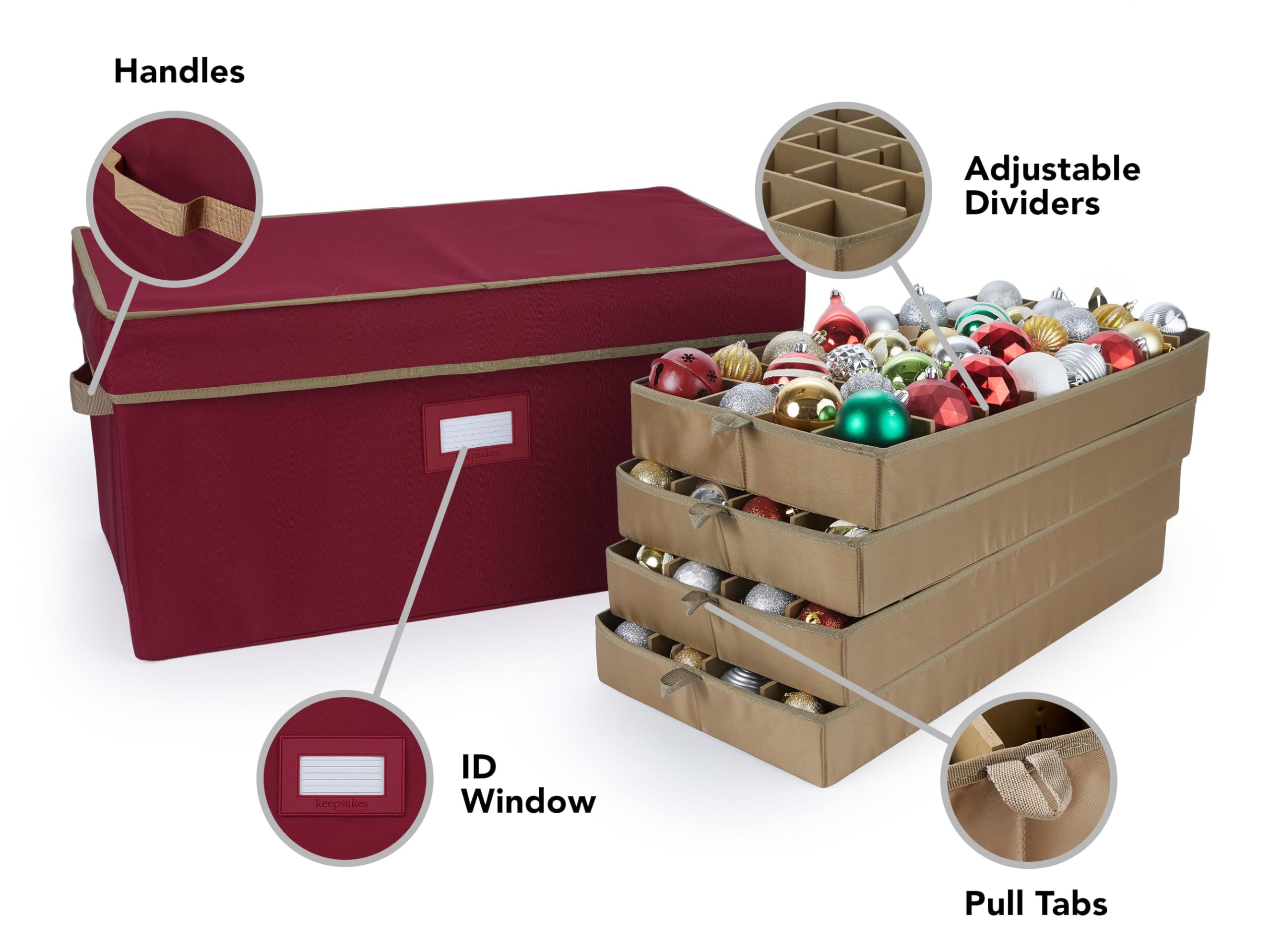 Covermates Keepsakes Adjustable Ornament Storage Box with Carrying Handles & Padded Protection - Holiday Decoration Organizer for Christmas Tree Ornaments (Red) - Perfect for Seasonal Storage & Home Organization