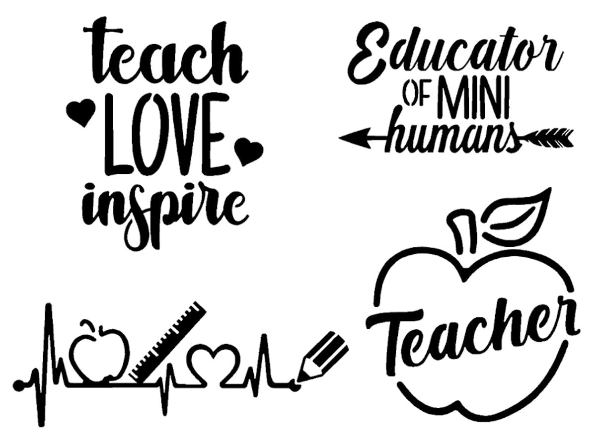 4 Pack Teacher Decals - Teach Love Inspire, Teacher Heartbeat, Apple & Educator of Little Humans (3.5
