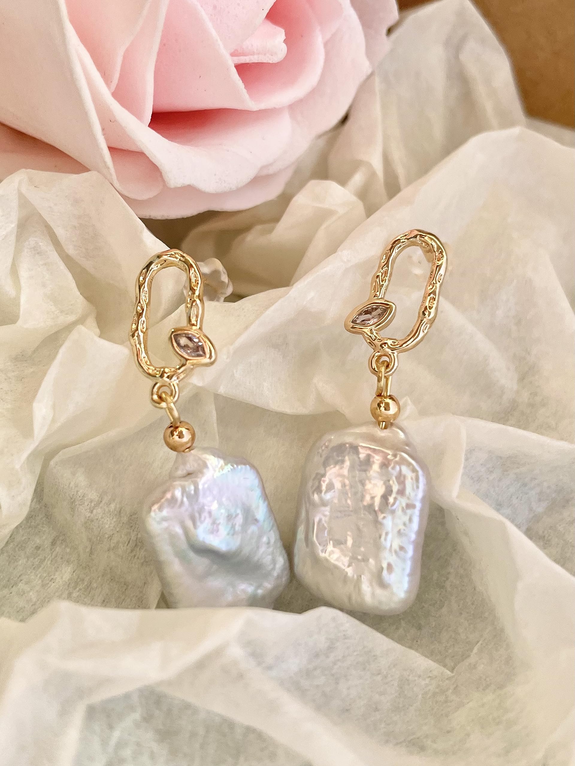 Elegant Baroque Pearl Earrings for Women - Cultured Freshwater Pearl Stud Hoop Square Statement Earrings - 14K Gold Plated Drop Dangle Jewelry - Perfect for Bridal Wedding, Birthday Gifts & Special Occasions
