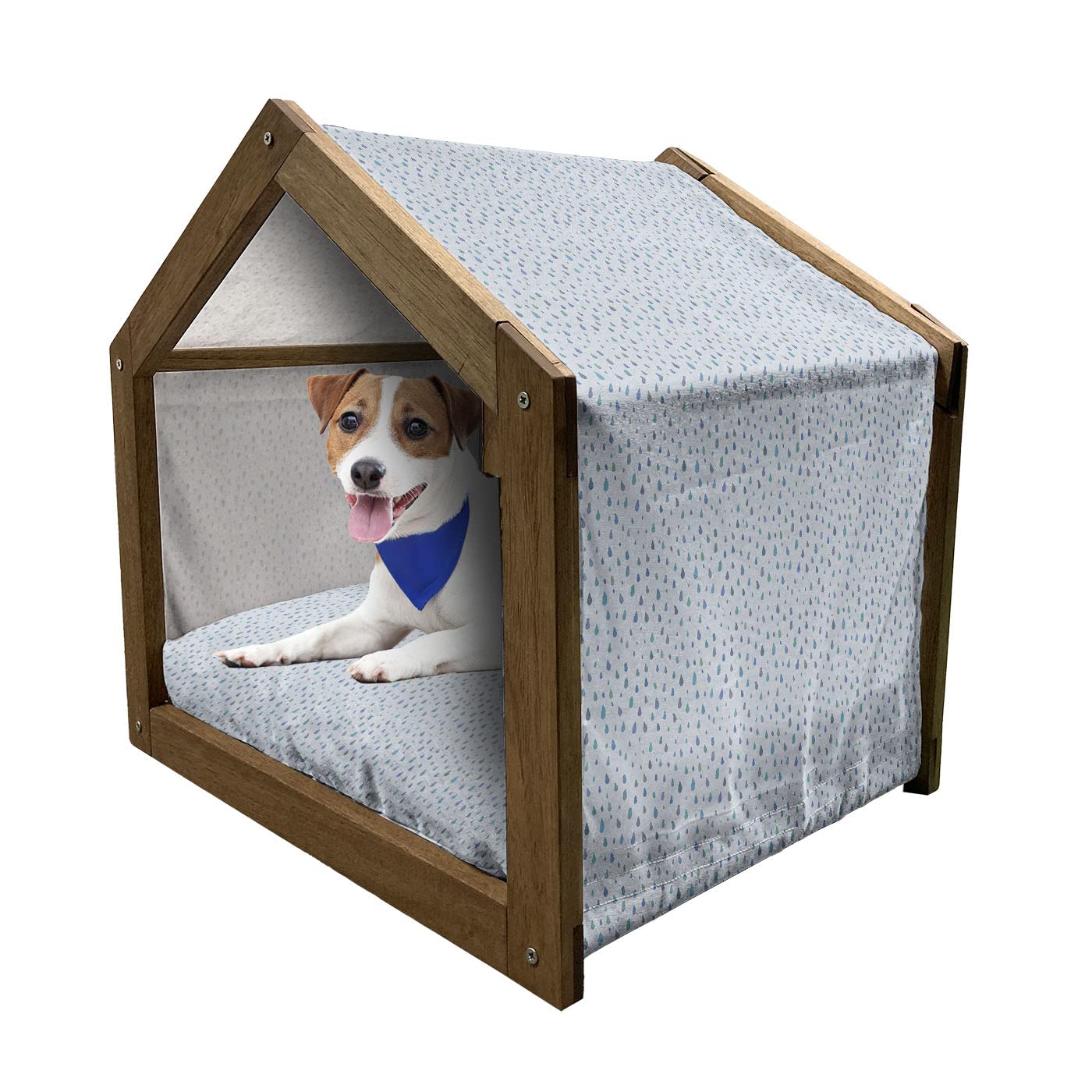 Ambesonne Wooden Pet House for Dogs - Hand-Painted Raindrop Design in Aqua & Cobalt Blue - Indoor/Outdoor Portable Dog Kennel with Removable Pillow & Cover - Medium Size for Small to Medium Pets - Perfect for Home, Garden, or Travel Use