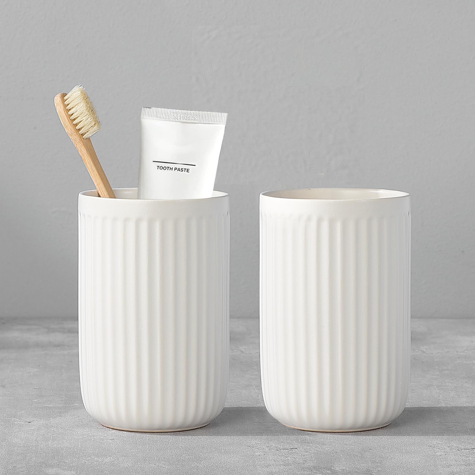 White Ceramic Toothbrush Holders Set of 2 - Bathroom Counter Organizer with Toothpaste & Mouthwash Cup | Durable Reusable Toothbrush Storage for Modern Bathrooms, Sink Vanity & Guest Bath Organization