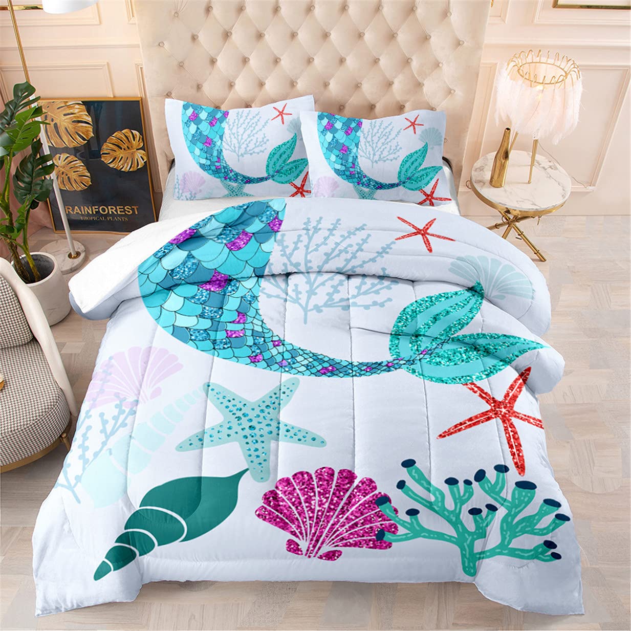 EDUMEYA Cartoon Mermaid Tail Comforter Set - Kids Ocean Themed Fish Scale Bedding, Full Size Quilt Set with 1 Comforter & 2 Pillowcases | Perfect for Girls' Bedroom, Underwater Theme Decor & Sleepovers
