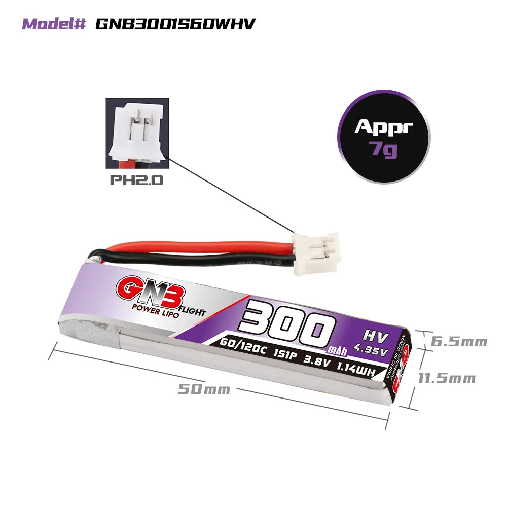 GNB/GAONENG 300mAh 1S 3.8V HV 60C Lipo Battery with PH2.0 Connector - 6 Pack for RC Drones, Quadcopters, and Mini Racing Cars