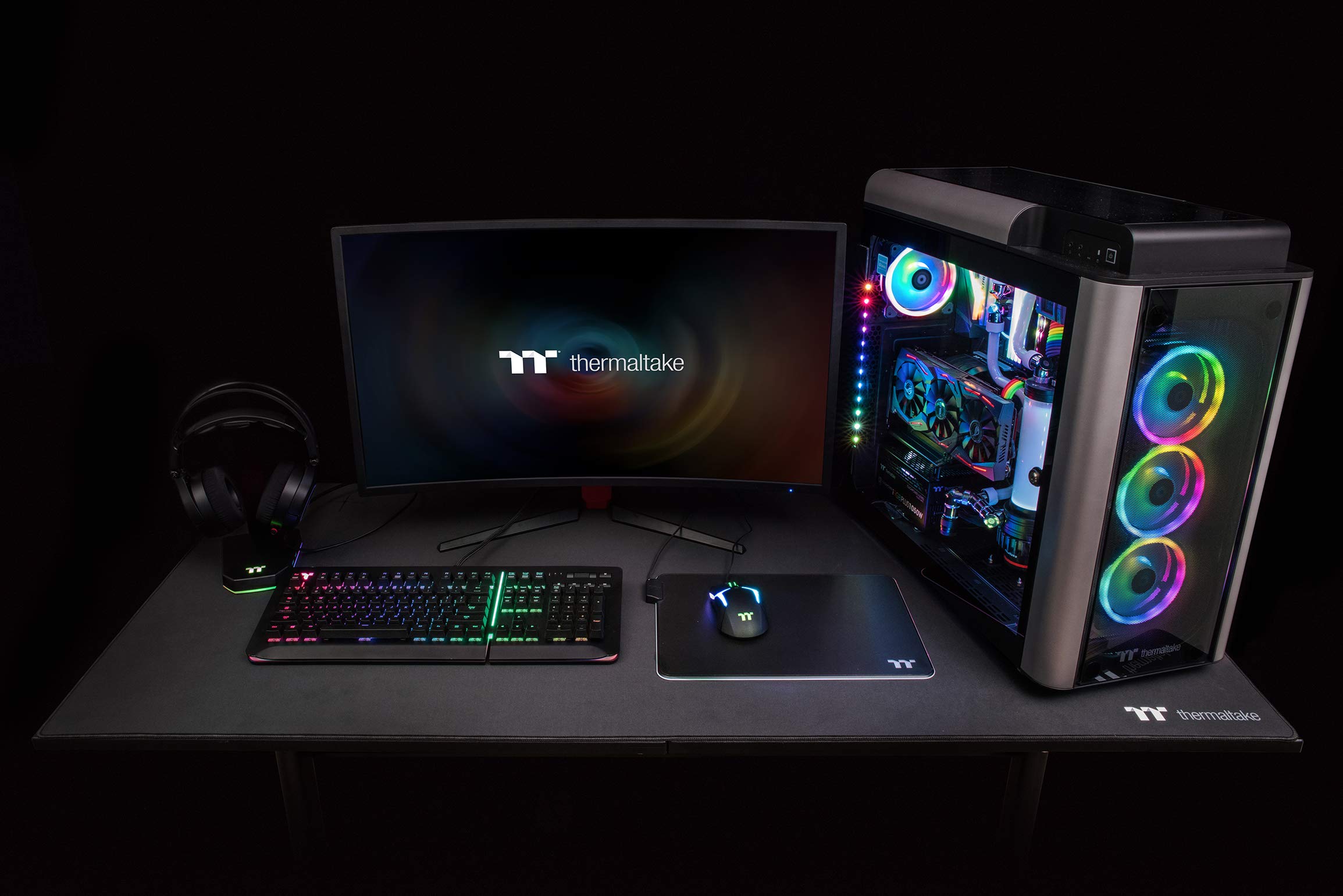 Thermaltake Level 20 GT Battlestation Gaming Desk - Adjustable Height, Scratch Resistant Surface, Full-Sized Desk Mat (Black) - Perfect for PC Gaming Setup, Streaming & Home Office Workstation