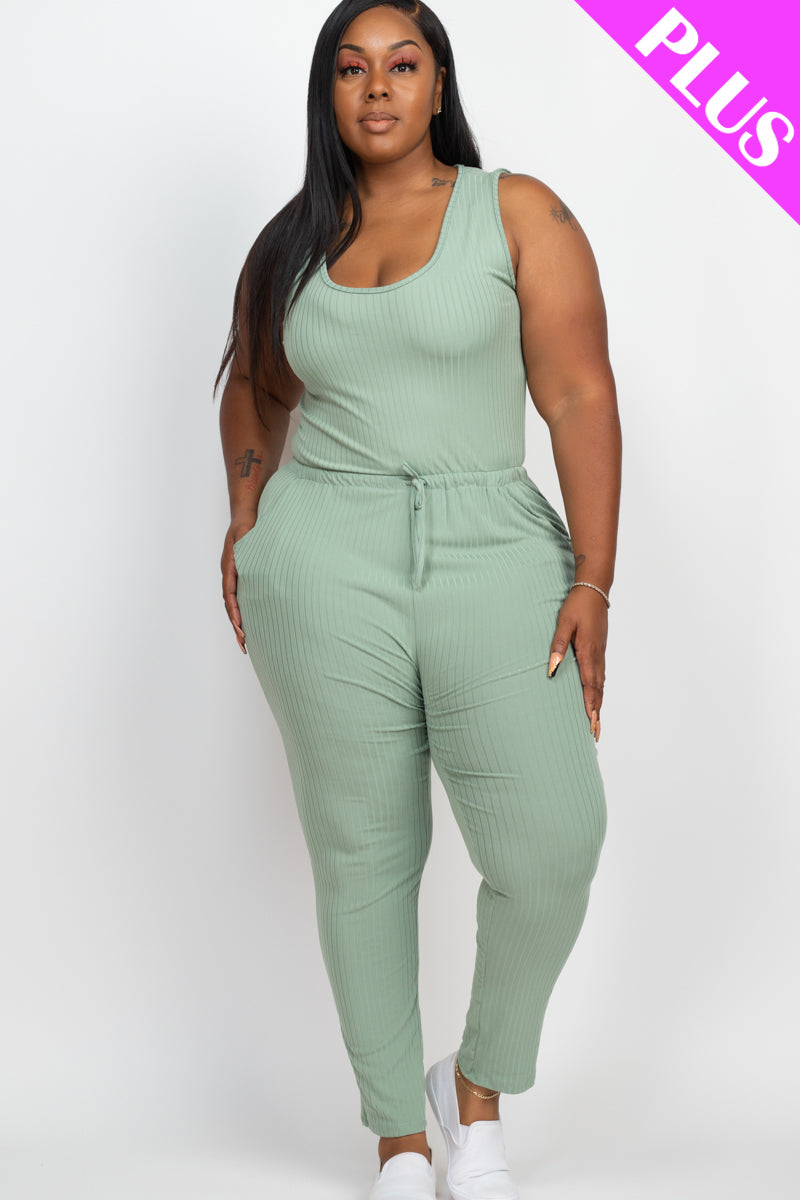 Plus Size Ribbed Sleeveless Drawstring Jumpsuit for Women - Stretchy Comfortable Romper with Adjustable Waist - Perfect for Summer, Beach, Vacation & Casual Outings