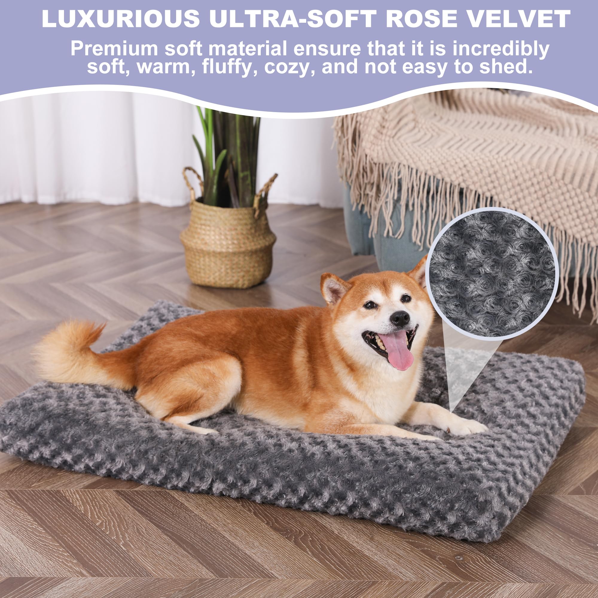Bedfolks Plush Dog Crate Bed - Washable Large Dog Bed with Anti-Slip Bottom, 35x23 Inch Fluffy Kennel Pad for Comfortable Sleeping - Dark Grey | Perfect for Crates, Kennels & Home Use