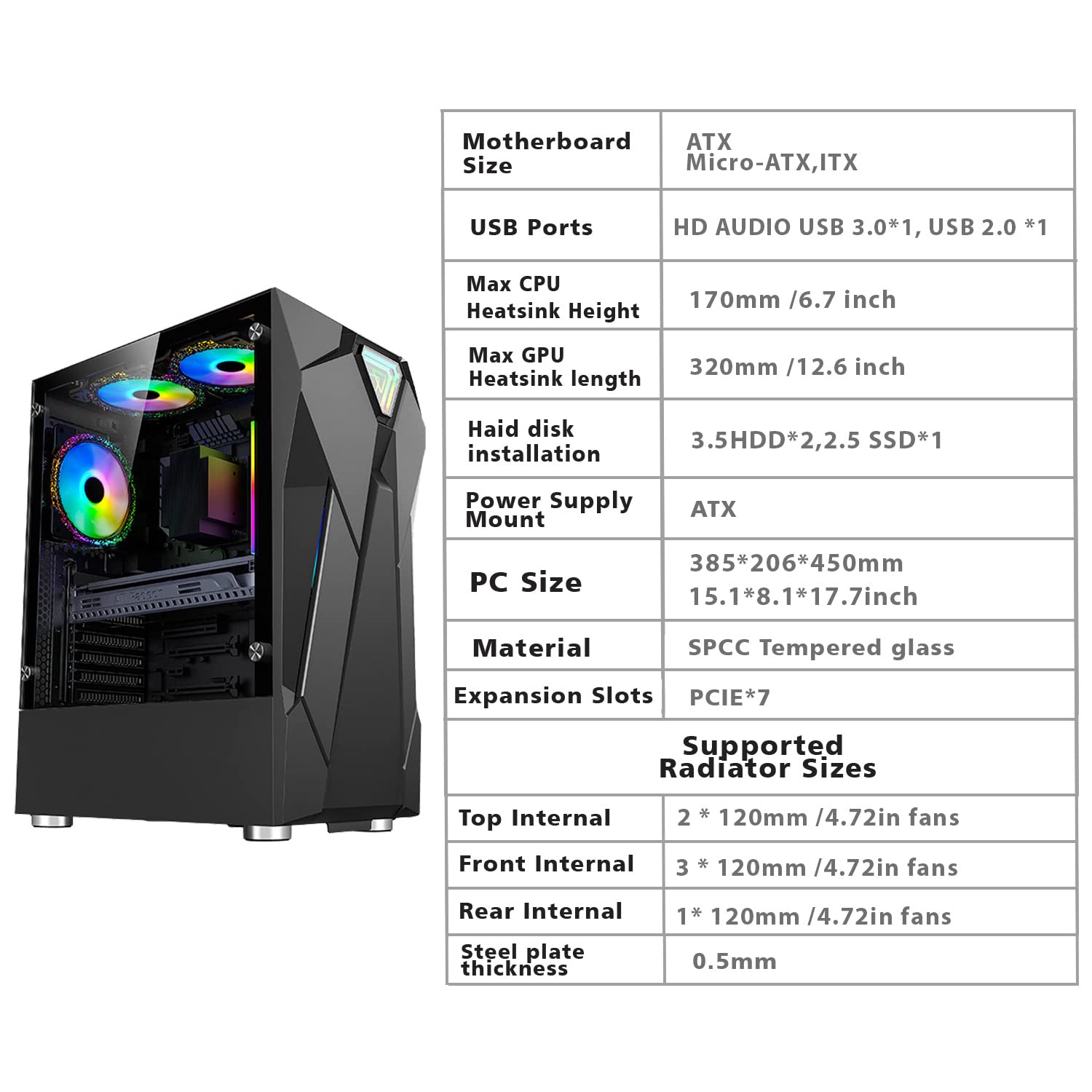 6-Pack 120mm RGB PC Cooling Fans with Fixed Lighting - High Airflow ATX Mid-Tower Computer Case for Gaming PCs, USB 3.0 Ports & Tempered Glass Side Panel (Black) - Perfect for Gaming Rigs, Workstations, and High-Performance Cooling Systems