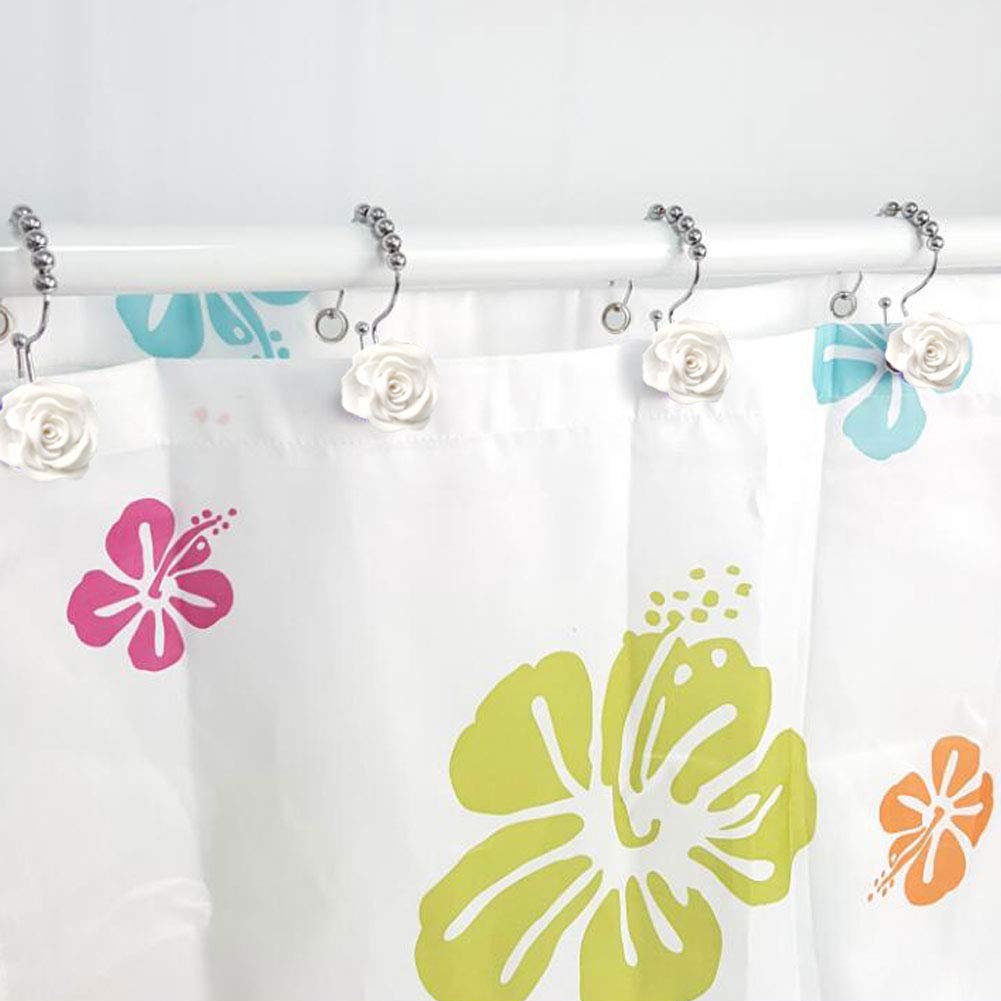 Stainless Steel Rose Flower Shower Curtain Hooks - 12 Pack White Rustproof Double Hooks with Roller for Bathroom Decor | Elegant Shower Accessories for Modern Bathrooms