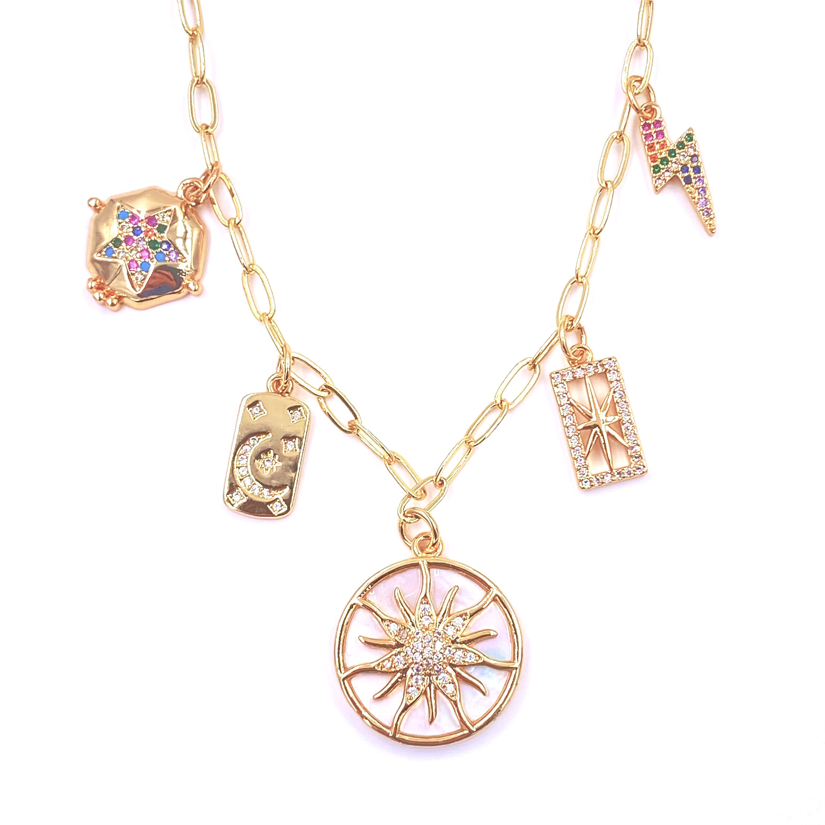 Lucky Charm Necklace for Women - 5 Piece Gold Plated Stainless Steel Pendant Jewelry - Perfect for Gifts, Parties & Everyday Wear