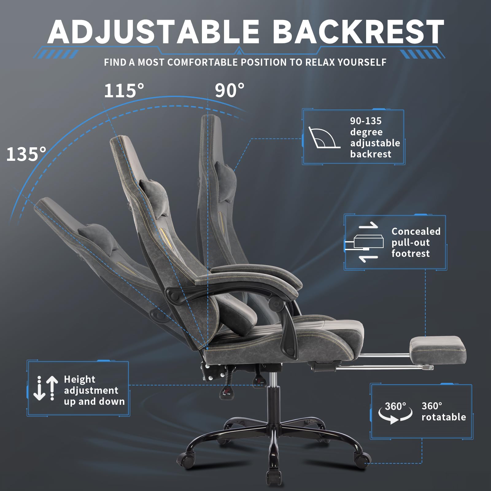 Premium Gaming Chair with Massage Lumbar Support & Footrest - Ergonomic Computer Chair with Adjustable Height & Linkage Armrests - PU Leather Racing Style Video Game Chair for Adults (Grey) - Perfect for Esports, Streaming & Home Office Setup