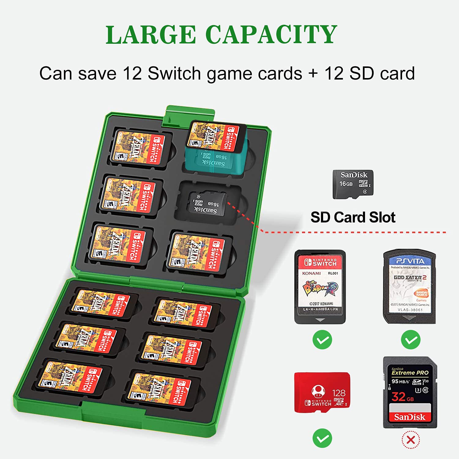Nintendo Switch Game Cartridge Holder – Portable Slim Case for 12 Games & 12 SD Cards | Expandable to 24 Game Slots | Green Mini World Design | Perfect for Travel, Gaming Parties & Switch Accessories Organization
