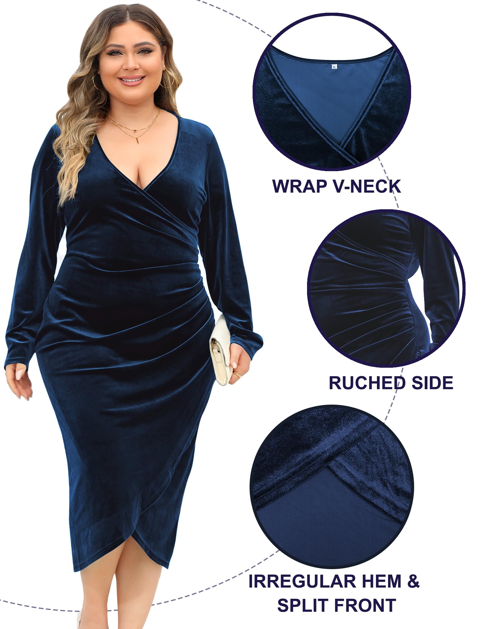 Midnight Sun Women's Plus Size Velvet Wrap Dress - V Neck Long Sleeve Ruched Bodycon Maxi Dress for Wedding Guest, Cocktail Party, Holiday Events & Formal Occasions
