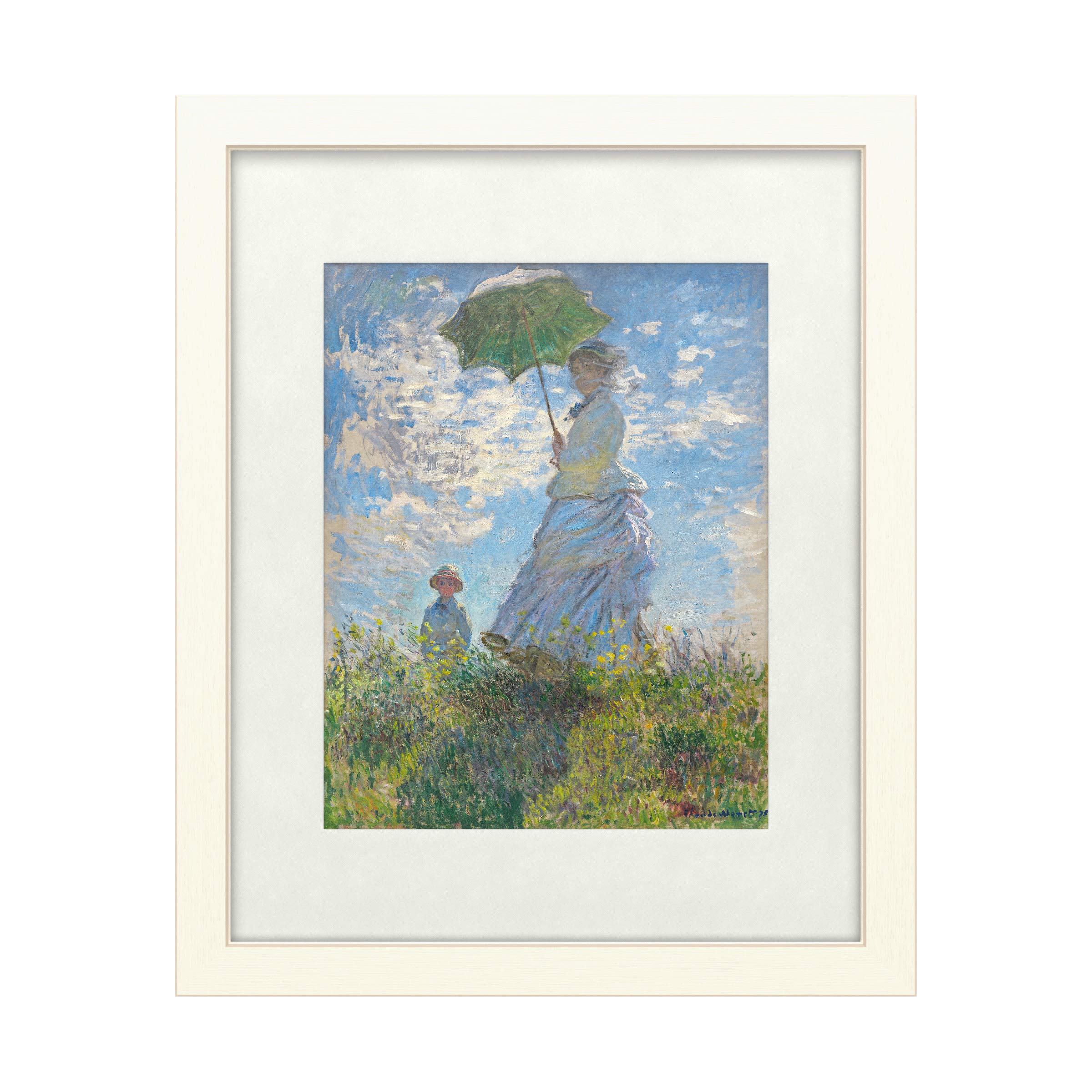 Claude Monet Woman with a Parasol 1875 Art Print - 16x20 Inch Distressed White Framed Canvas - Impressionist Wall Decor for Living Room, Bedroom & Office - Matte Finish Multi-Color Painting Reproduction