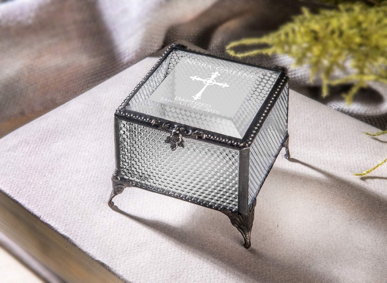 Personalized Baptism Gift for Girls - Engraved Clear Glass Jewelry Keepsake Box with Devlin Box 825 EB222 Design - Perfect for Christening, First Communion & Special Occasions