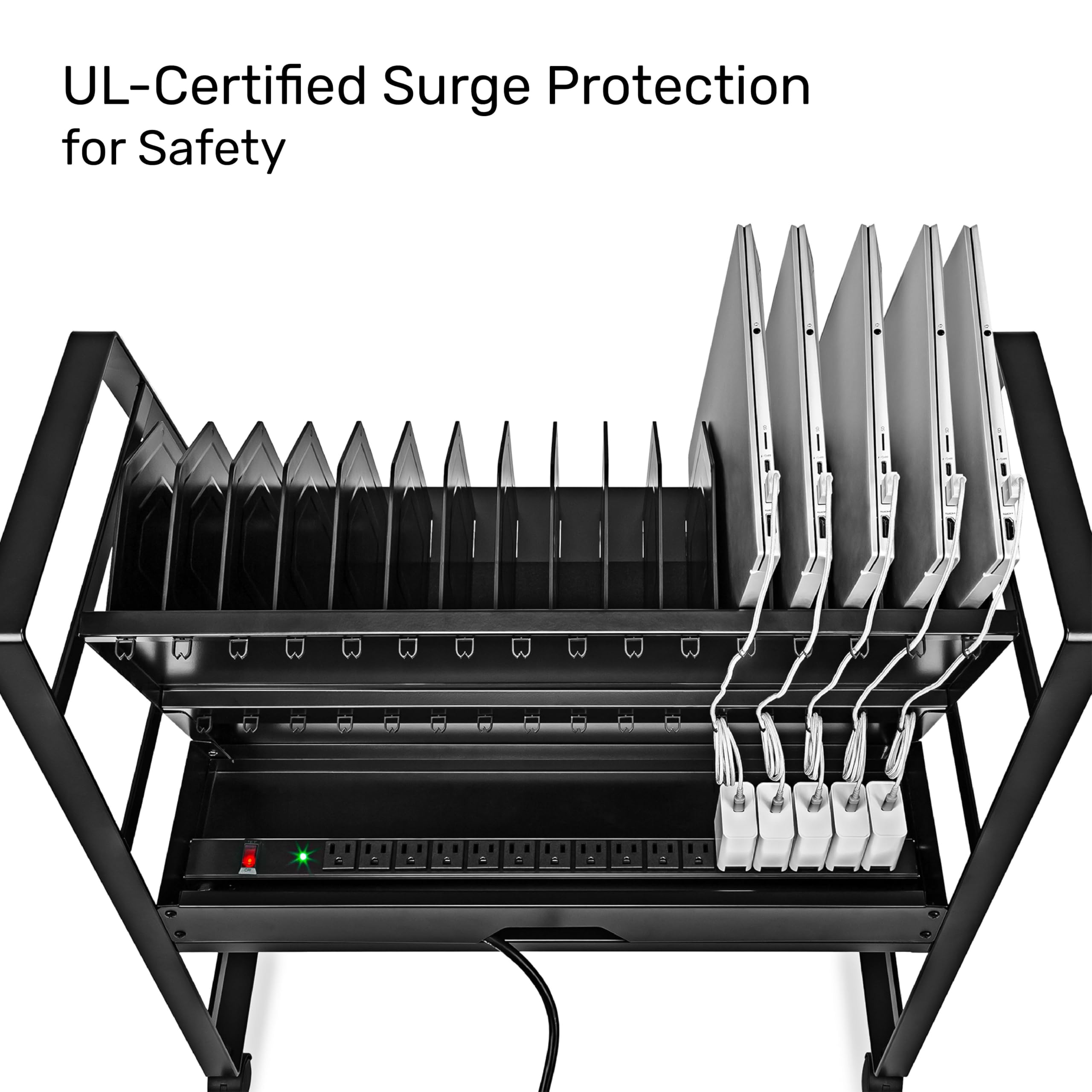 16-Device Mobile Charging Station with UL-Certified Surge Protection | Steel Rolling Cart for Laptops, Tablets & Chromebooks | Open Design with Dividers | Portable Charging Stand (Black) - Perfect for Schools, Offices & Libraries