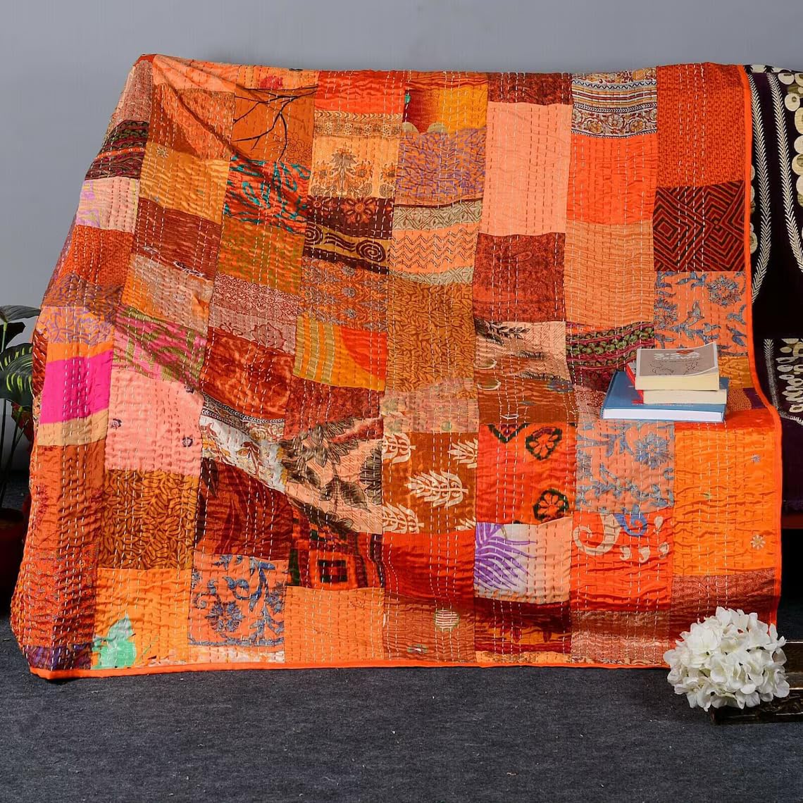 Handmade Orange Silk Sari Patola Queen Size Kantha Quilt - 90x108 Inch Luxury Bed Cover & Throw Blanket (Multicolor Patchwork) for Twin/King/Queen Beds - Perfect for Home Decor, Wedding Gifts & Cozy Winter Nights