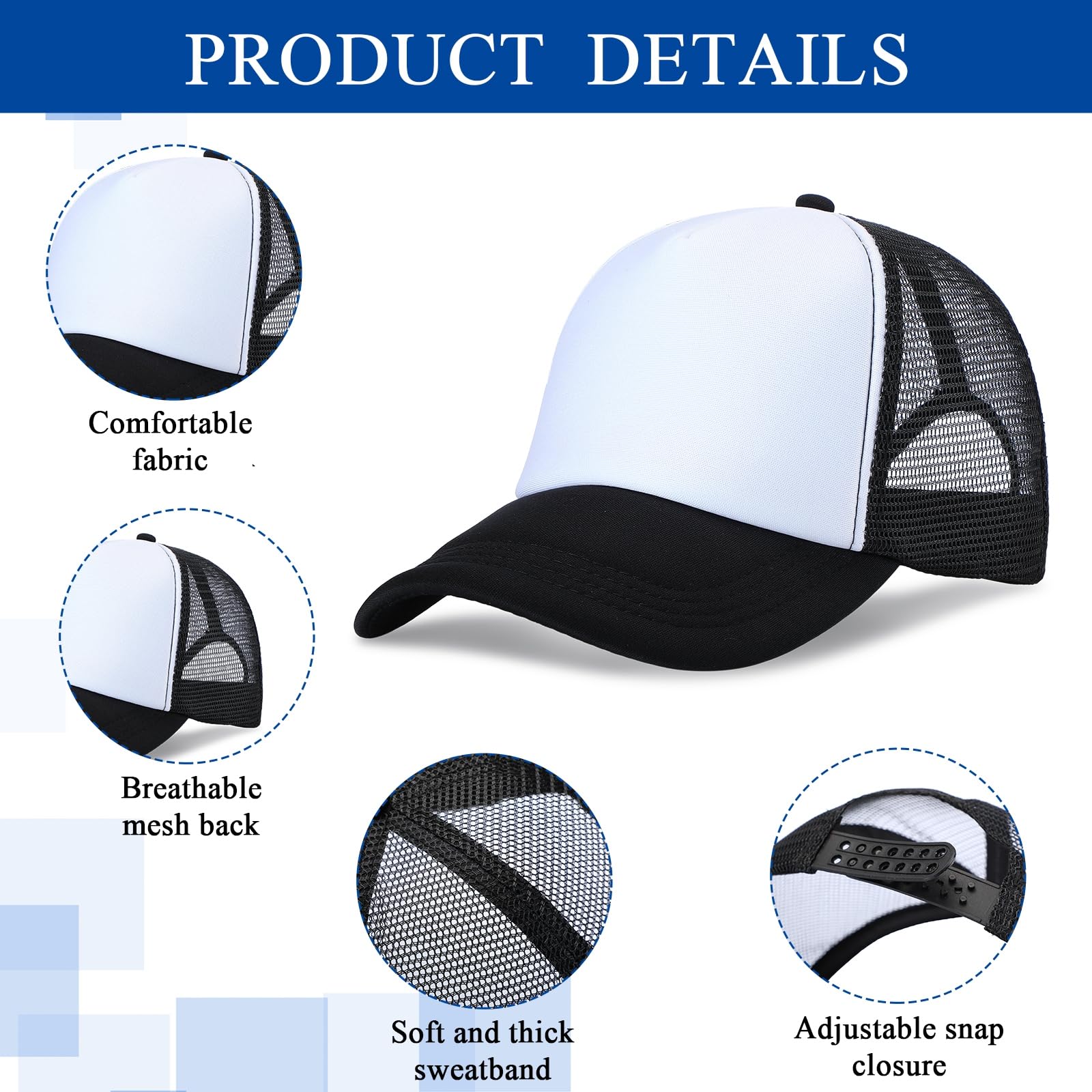 100 Pcs Unisex Sublimation Blank Mesh Baseball Caps - Adjustable Plain DIY Embroidery & Printing Trucker Hats (Black/White) for Custom Sports Teams, Events & Promotional Gifts