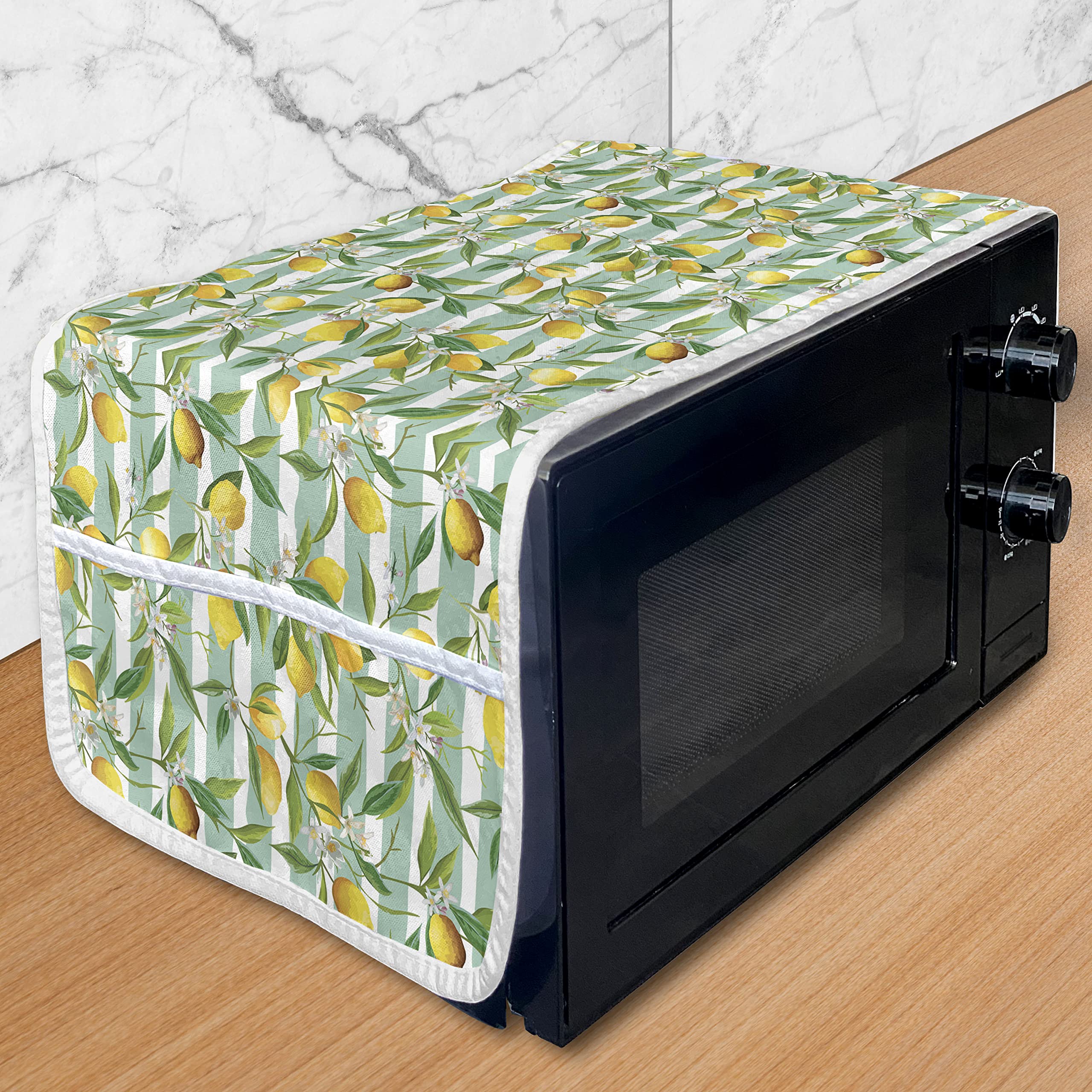 Ambesonne Waterproof Microwave Cover with Pockets - Blooming Lemon Tree Striped Art Design, 36