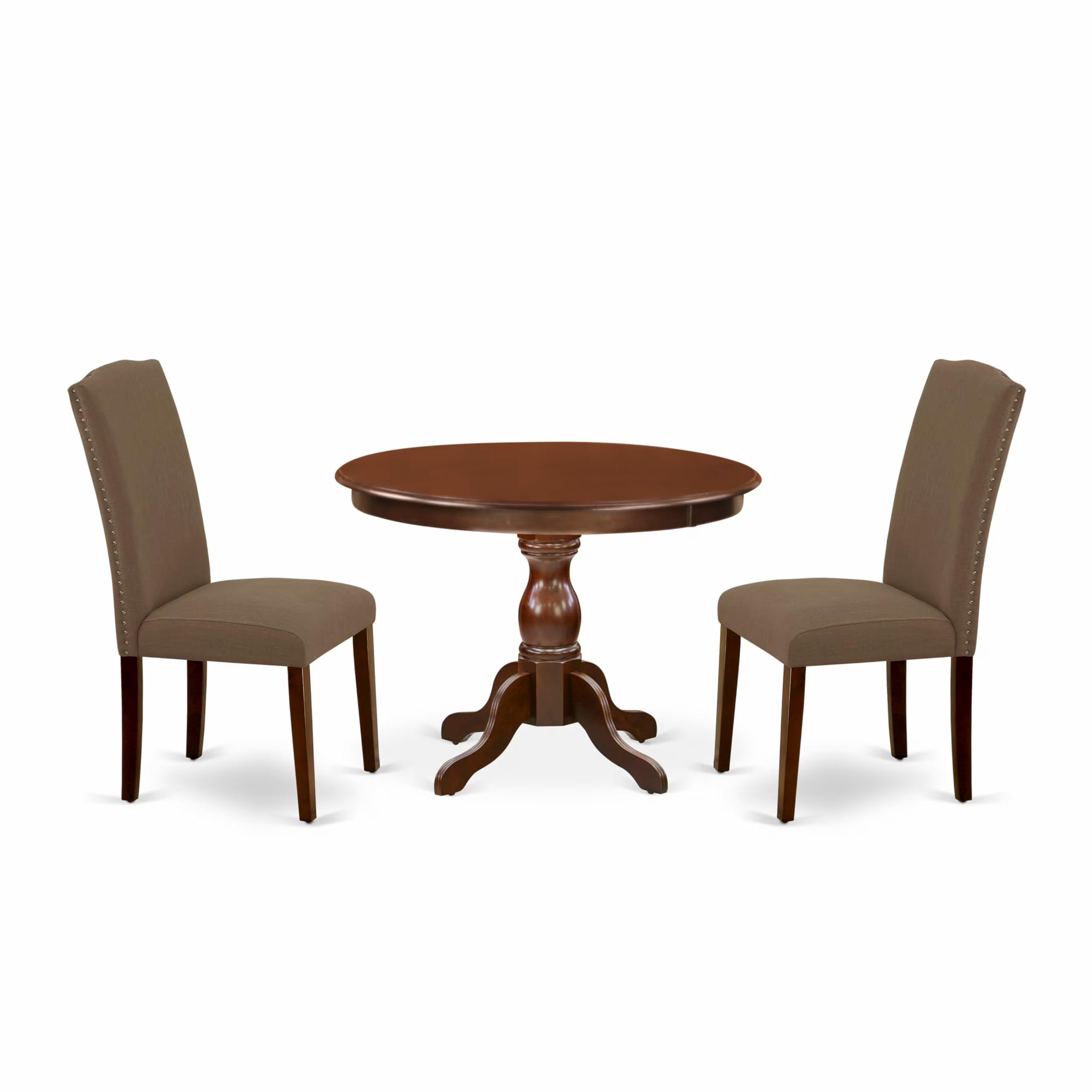 East West Furniture HBEN3-MAH-18 3-Piece Round Dining Table Set with Pedestal Base & 2 Dark Coffee Linen Upholstered Chairs, 42x42 Inch, Mahogany - Perfect for Small Spaces, Breakfast Nooks & Cozy Kitchen Dining Areas