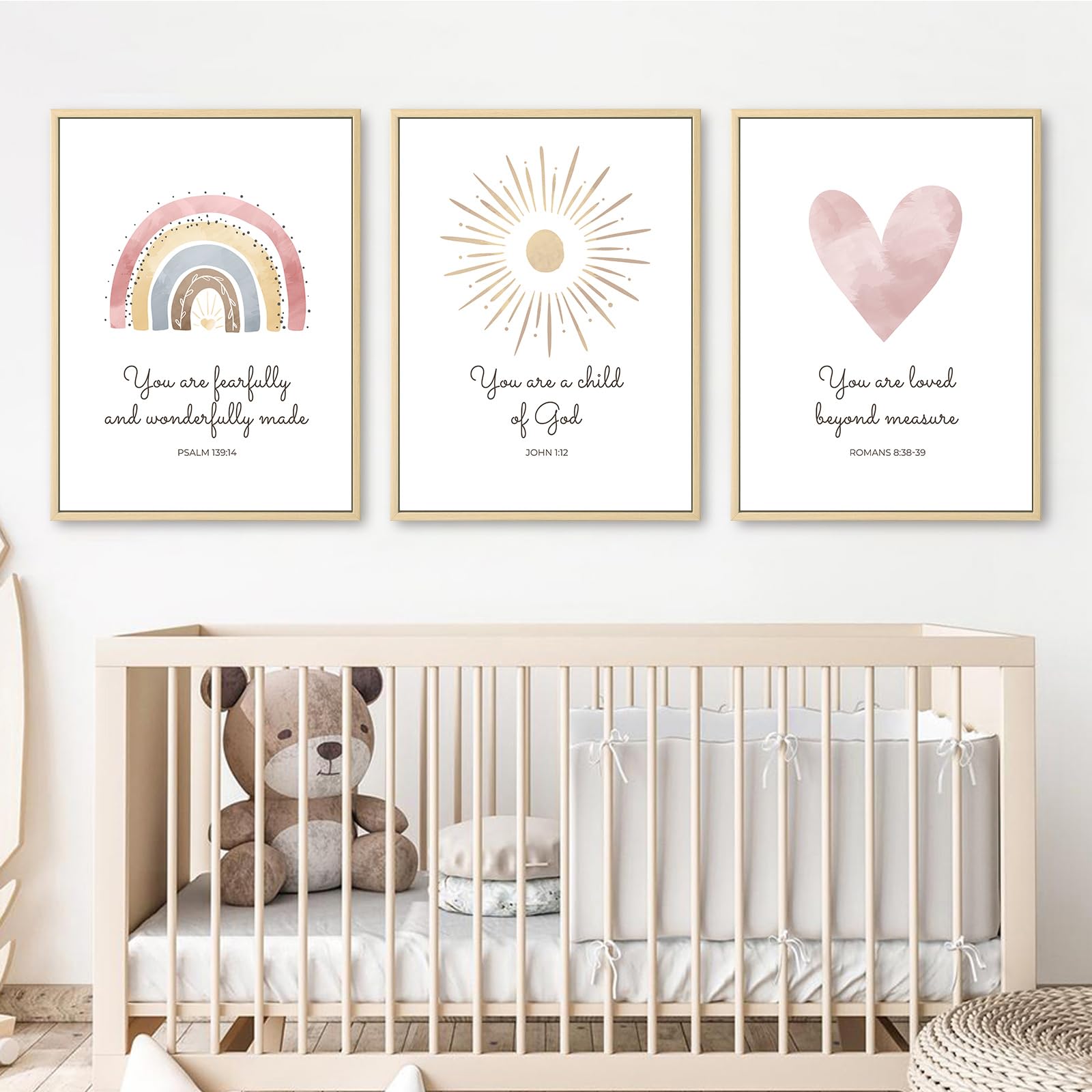 Boho Nursery Wall Art Set - 3 Piece Christian Bible Verse Prints for Girls, Heart Rainbow & Sun Decor, 12x16 Inch Framed - Perfect for Baby & Kids Room, Nursery, Bedroom, or Playroom Decor