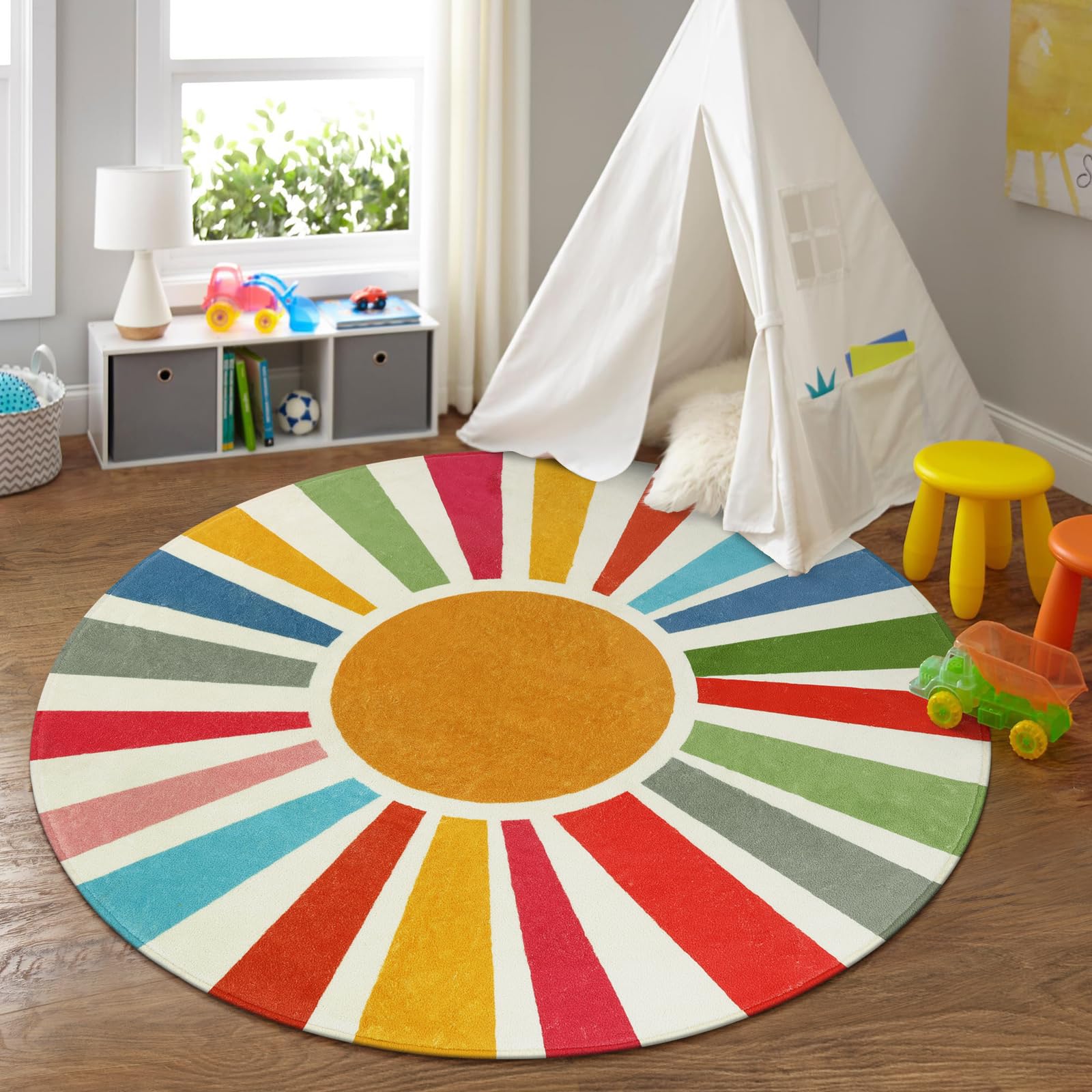 STARUIA 6 Ft Round Boho Rug - Washable Non-Slip Circular Area Rug for Kids Playroom, Bedroom & Classroom | Soft Rainbow Carpet for Nursery, Dorm & Living Room Decor | Boho Chic Home Accent