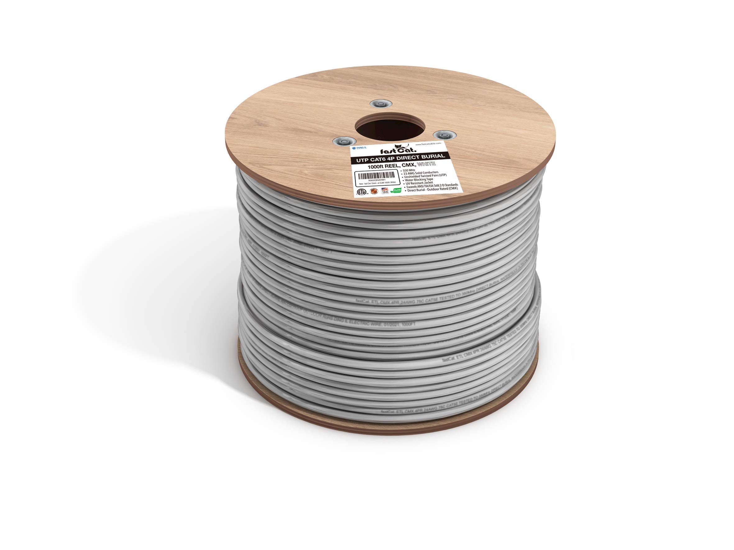 Fast Cat. Cat6 Direct Burial Outdoor Ethernet Cable - 1000Ft Waterproof Cat6 Cable with 23AWG Solid Copper Conductors - CMX, UTP 550MHz Heavy Duty Network & Gaming Ethernet Cable – White | Ideal for Outdoor Networking, Gaming Setups & High-Speed Internet Connections