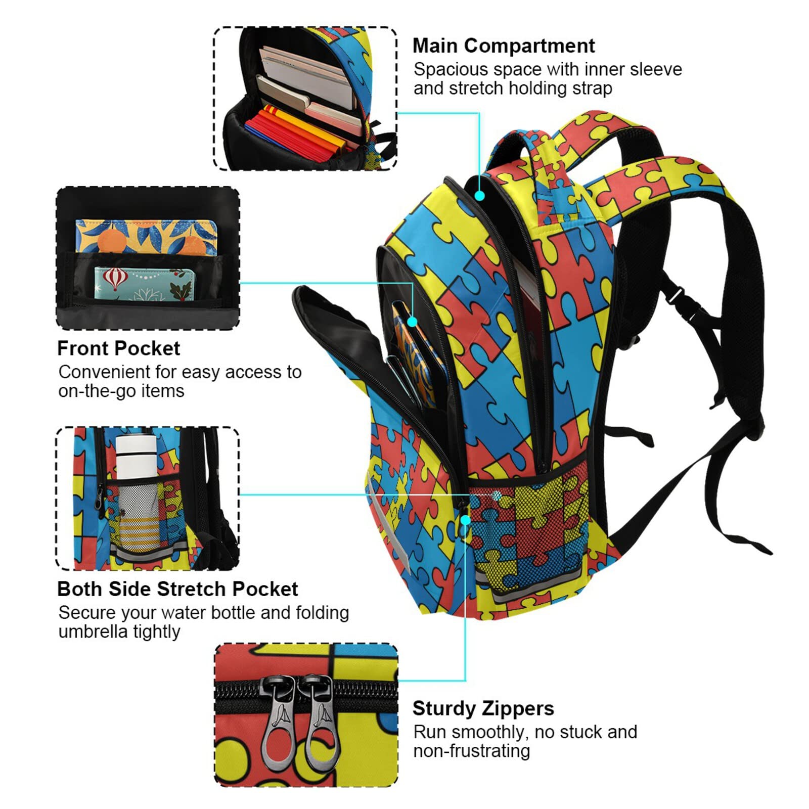 Autism Awareness Puzzle Print Kids Backpack - Colorful School Bag with Reflective Strips for Boys & Girls - Perfect for School, Travel & Daily Use