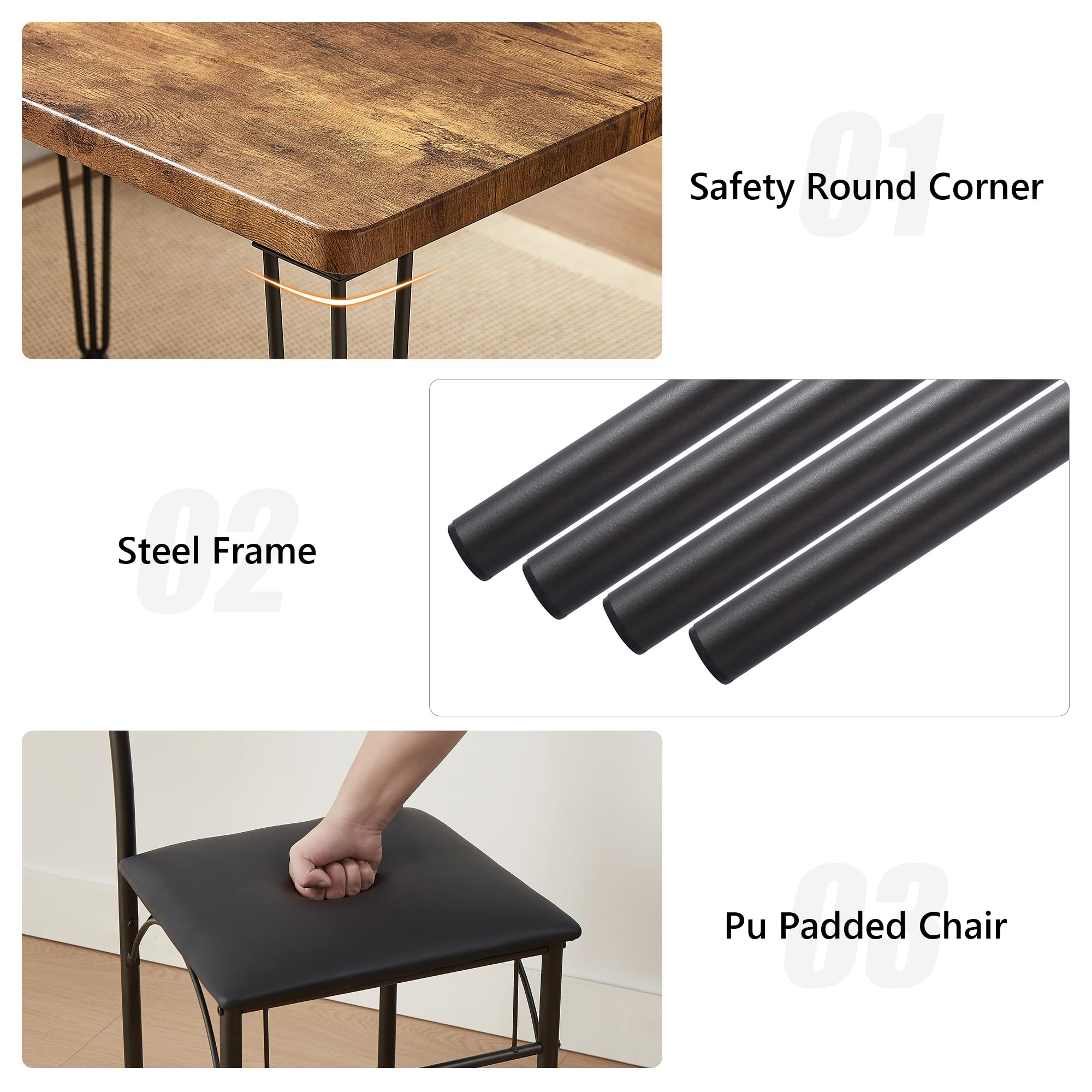 VECELO 3-Piece Dining Table Set with PU Cushion Chairs - Compact Kitchen Table for Small Spaces | Perfect for Apartments, Breakfast Nooks & Cozy Dining Areas