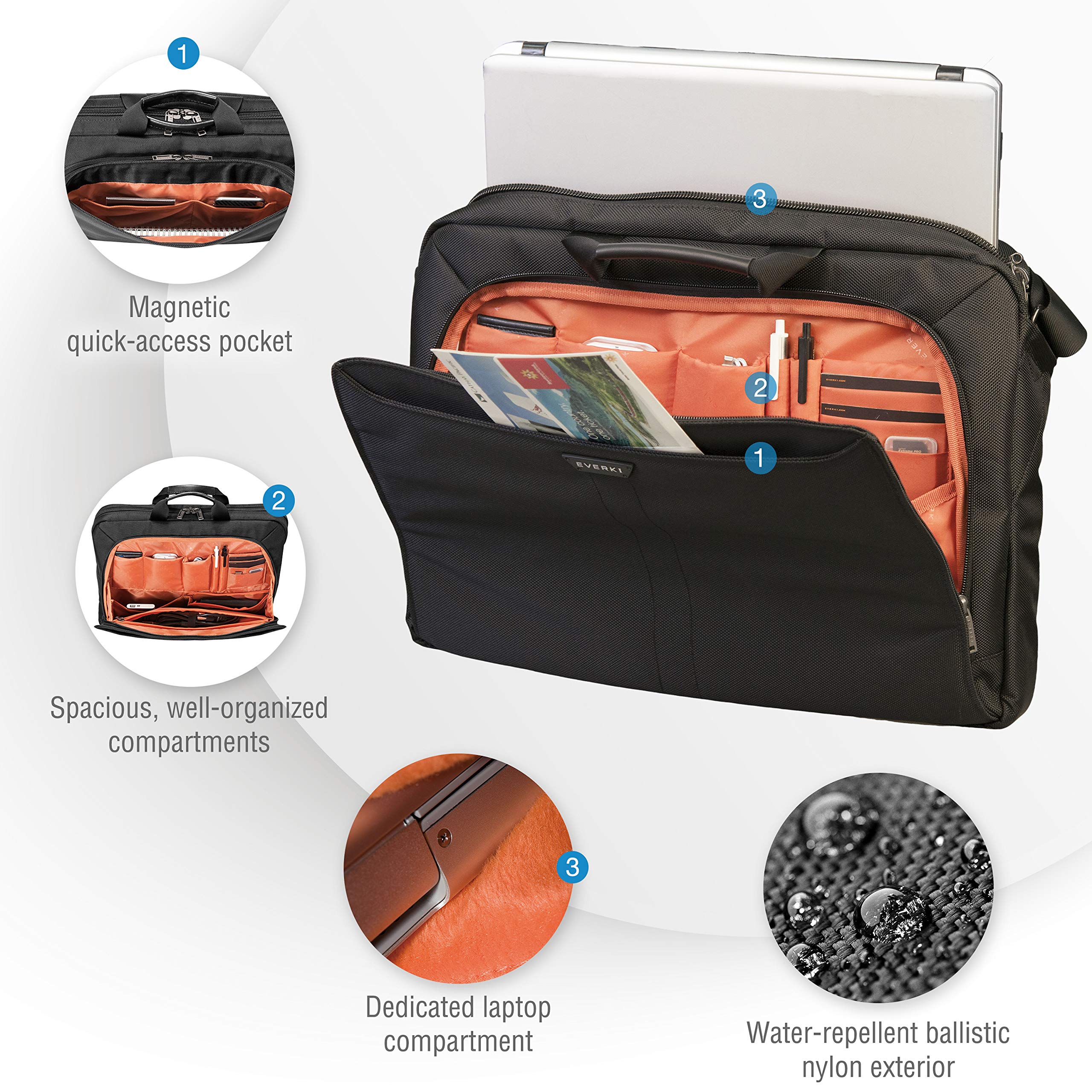 Everki Lunar Large Laptop Briefcase - Water-Resistant Ballistic Nylon & Leather Business Bag for 18.4