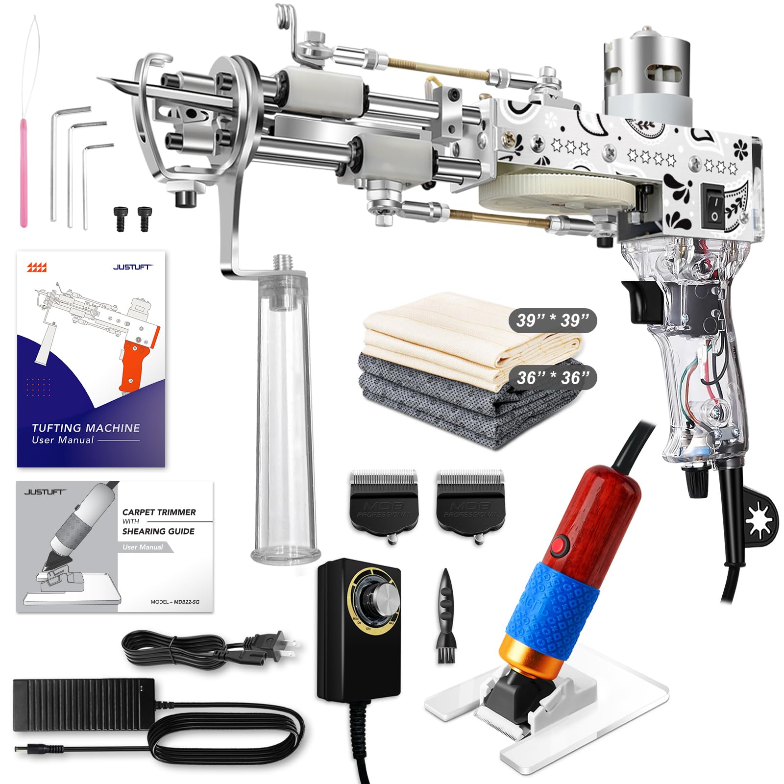 Justuft 2-in-1 Rug Tufting Gun & Carpet Trimmer Kit - Professional Carpet Making Machine with Rug Shaver & Punch Needle Supplies (Transparent Cloth Included) - Perfect for DIY Home Decor, Craft Projects & Handmade Rugs
